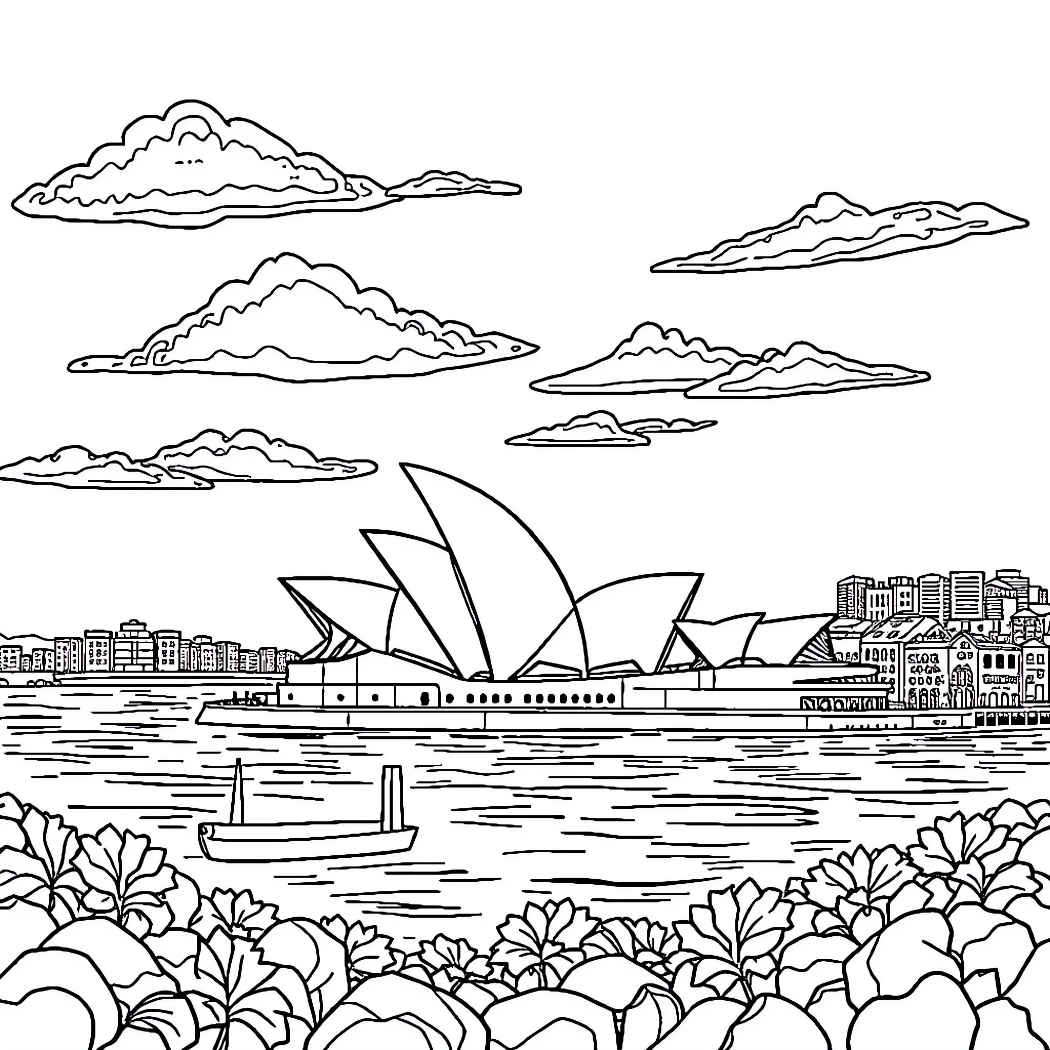 Sydney cityscape with iconic landmarks and clouds Coloring Page (free black-and-white line drawing printable PDF for all, from beginners to advanced learners, including children, teens, adults, and seniors)