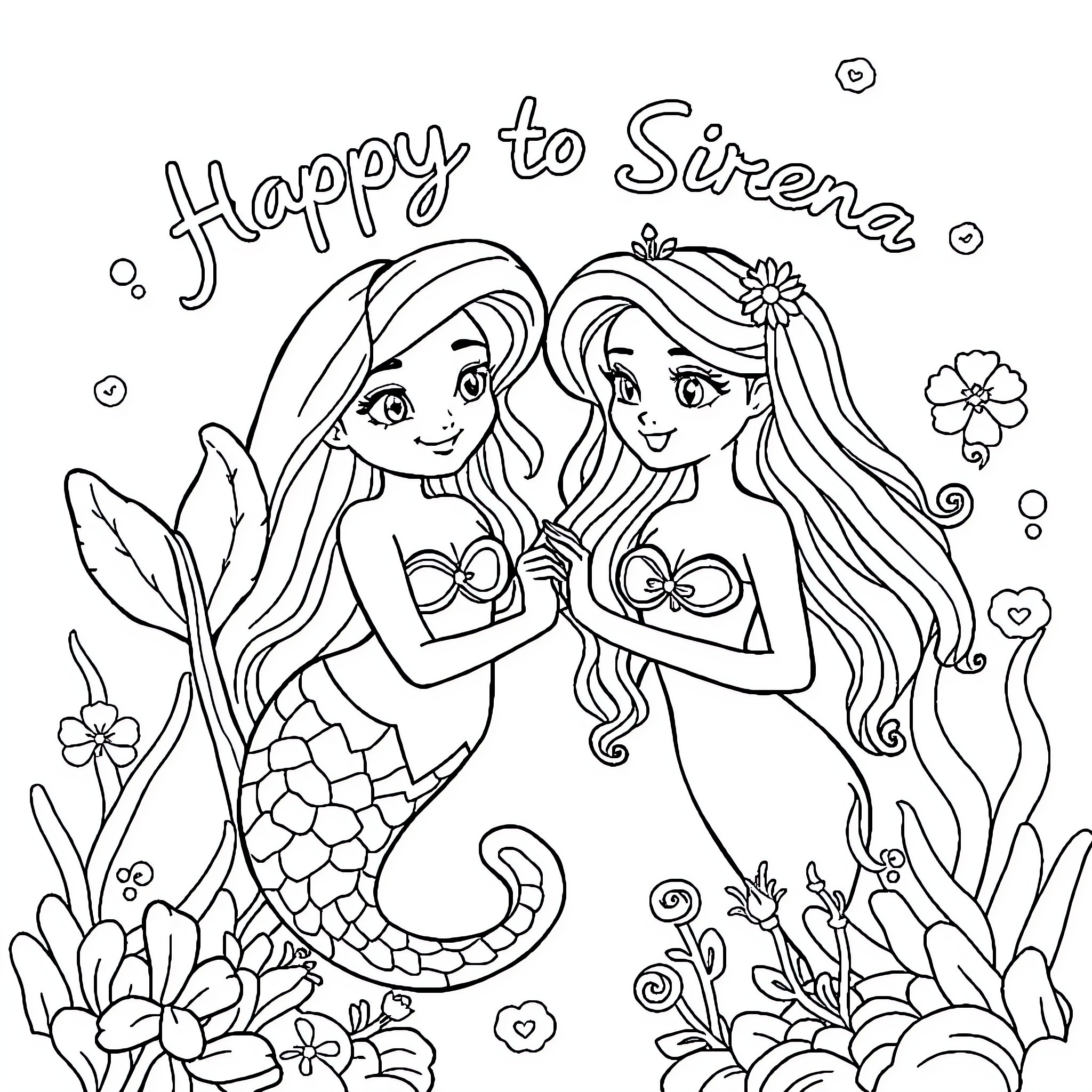Hello Kitty Happy to Sirena Coloring Page (free black-and-white line drawing printable PDF for all, from beginners to advanced learners, including children, teens, adults, and seniors)