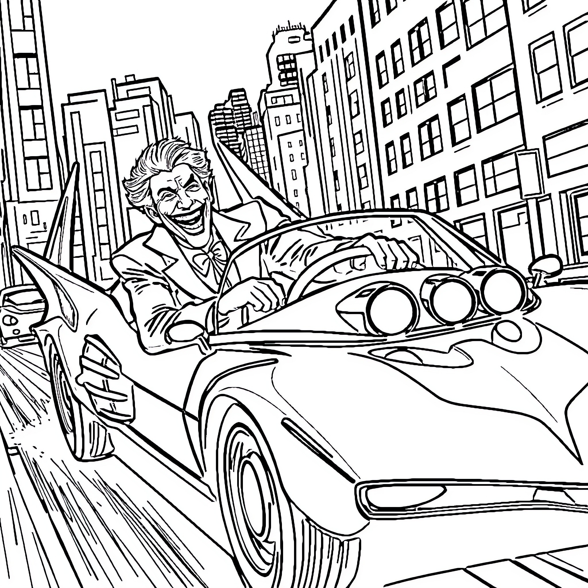 Joker driving a high-speed sports car through the city Coloring Page (free black-and-white line drawing printable PDF for all, from beginners to advanced learners, including children, teens, adults, and seniors)