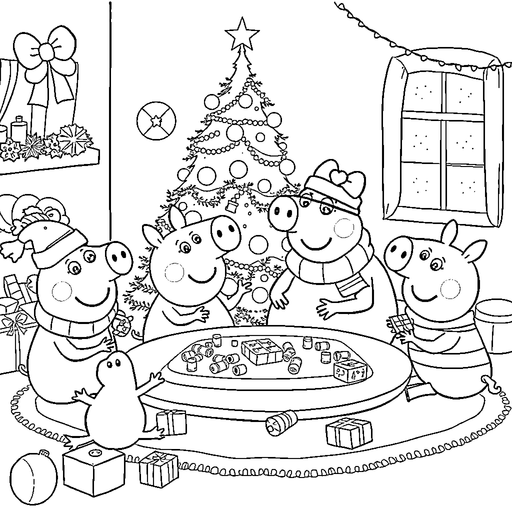 Daddy Pig and Family Celebrating Christmas Together Coloring Page (free black-and-white line drawing printable PDF for all, from beginners to advanced learners, including children, teens, adults, and seniors)