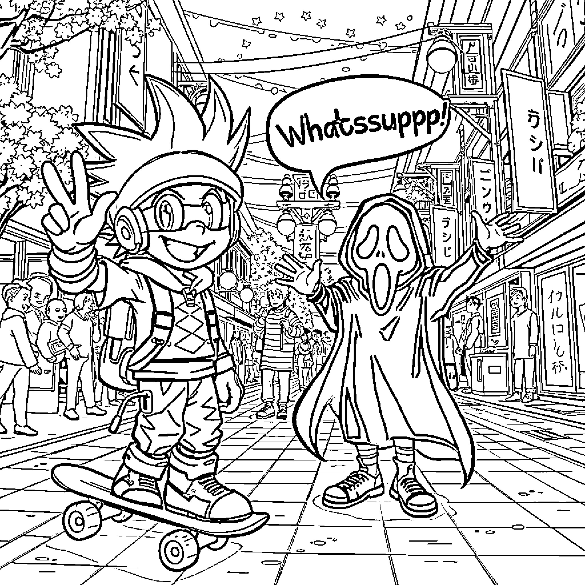 Otto's Exciting Adventure in the Vibrant City Coloring Page (free black-and-white line drawing printable PDF for all, from beginners to advanced learners, including children, teens, adults, and seniors)
