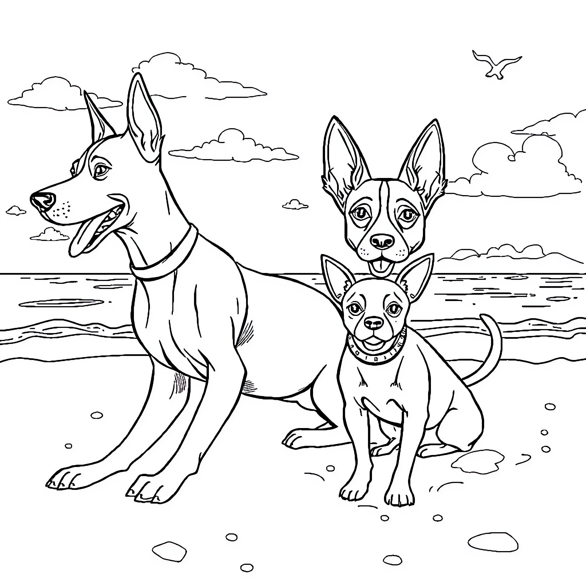 Malinois Dogs Enjoying the Outdoors Coloring Page (free black-and-white line drawing printable PDF for all, from beginners to advanced learners, including children, teens, adults, and seniors)