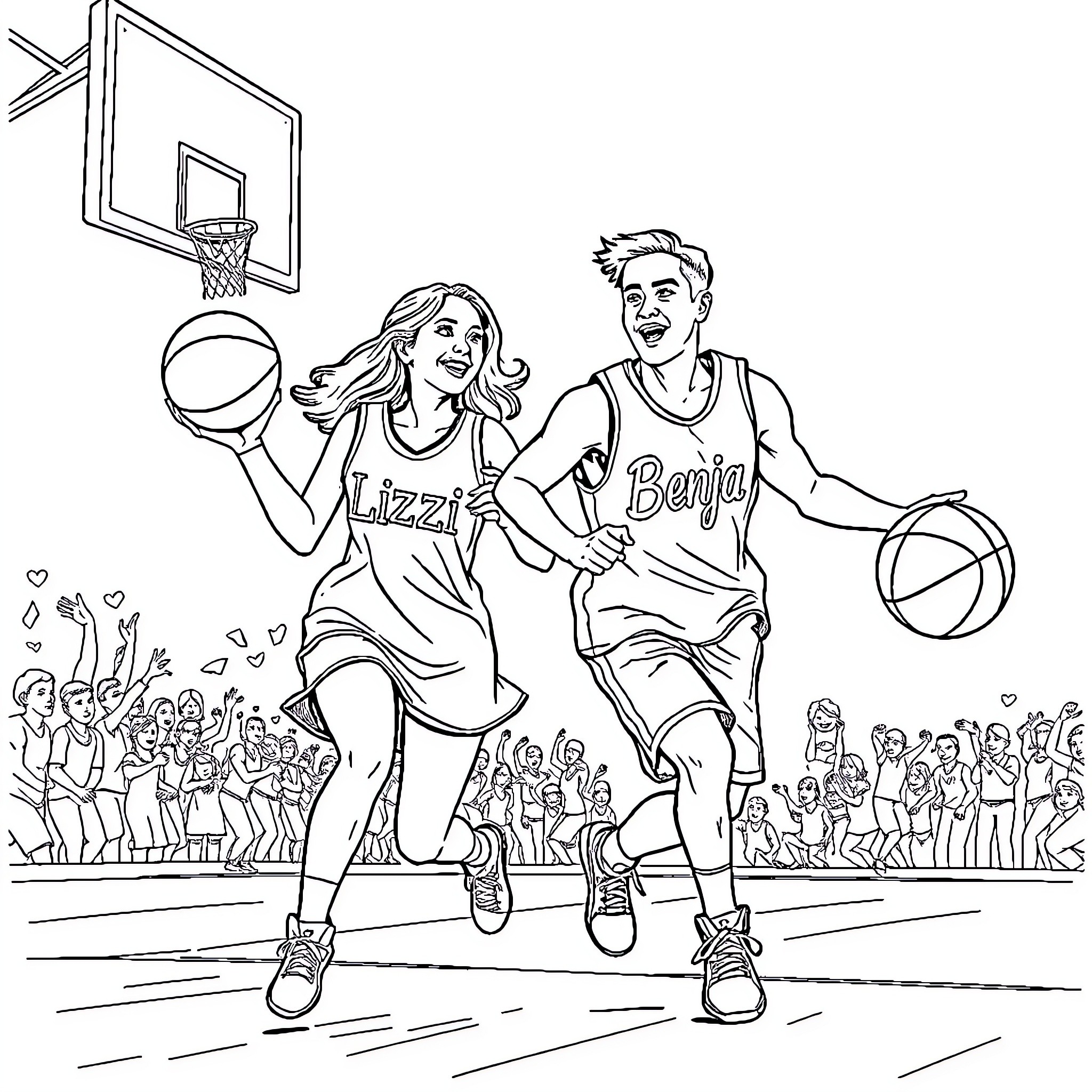 Novios playing basketball with crowd Coloring Page (free black-and-white line drawing printable PDF for all, from beginners to advanced learners, including children, teens, adults, and seniors)