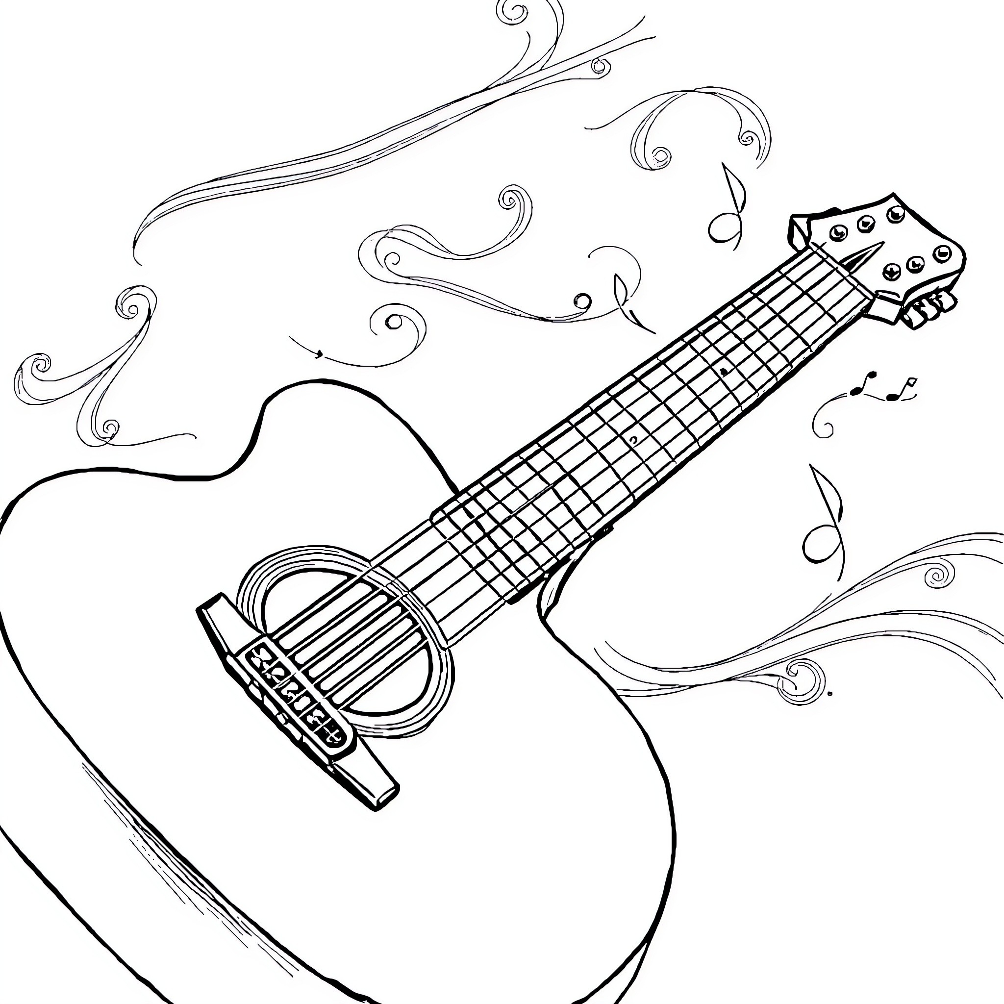 Guitar playing with musical notes and swirls Coloring Page (free black-and-white line drawing printable PDF for all, from beginners to advanced learners, including children, teens, adults, and seniors)