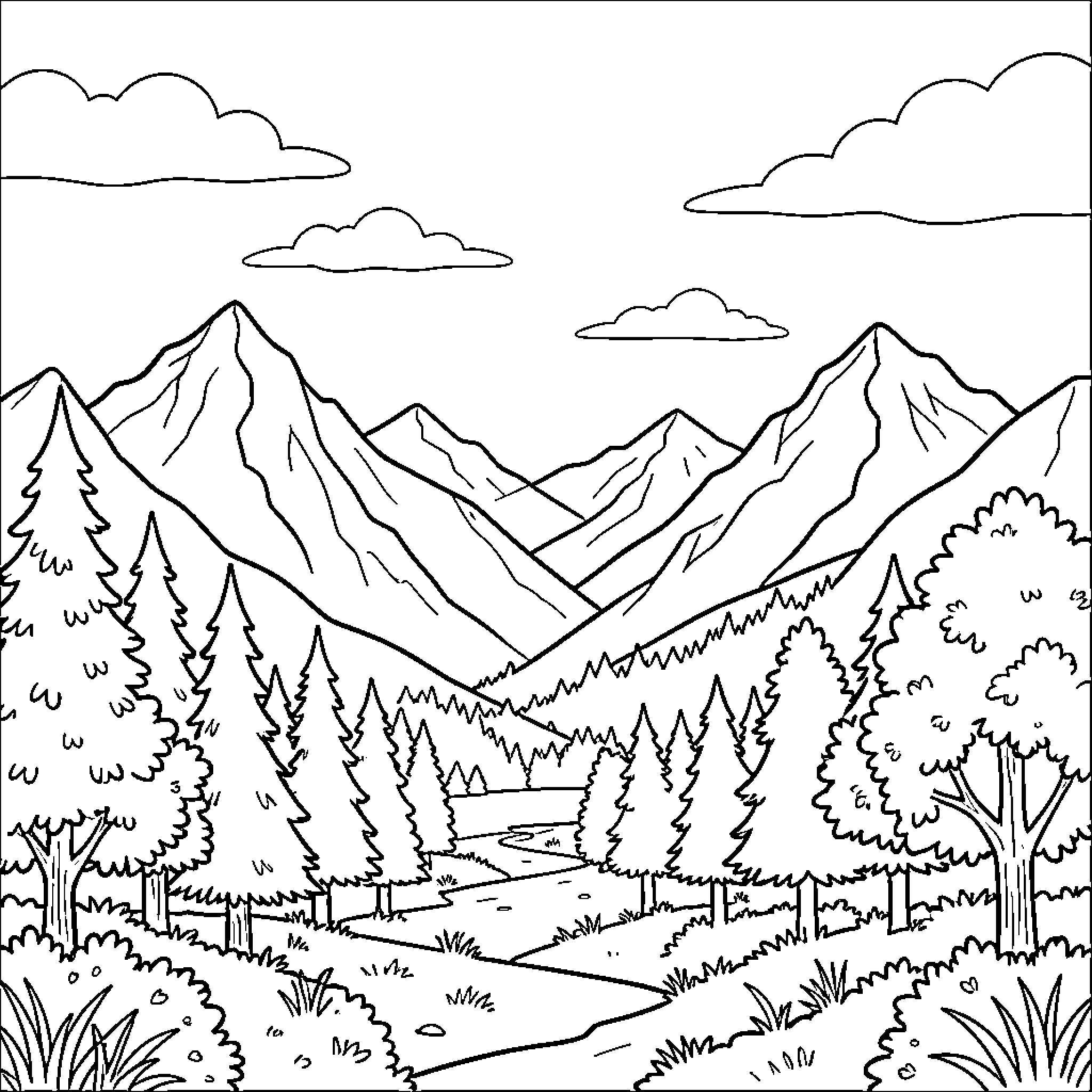 Landscape with mountain peaks and forest Coloring Page (free black-and-white line drawing printable PDF for all, from beginners to advanced learners, including children, teens, adults, and seniors)