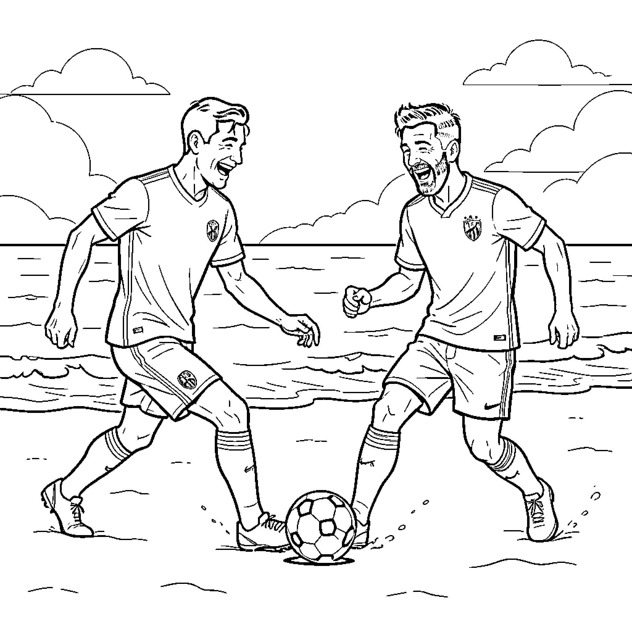 Cristiano and Messi playing soccer on the beach Coloring Page (free black-and-white line drawing printable PDF for all, from beginners to advanced learners, including children, teens, adults, and seniors)