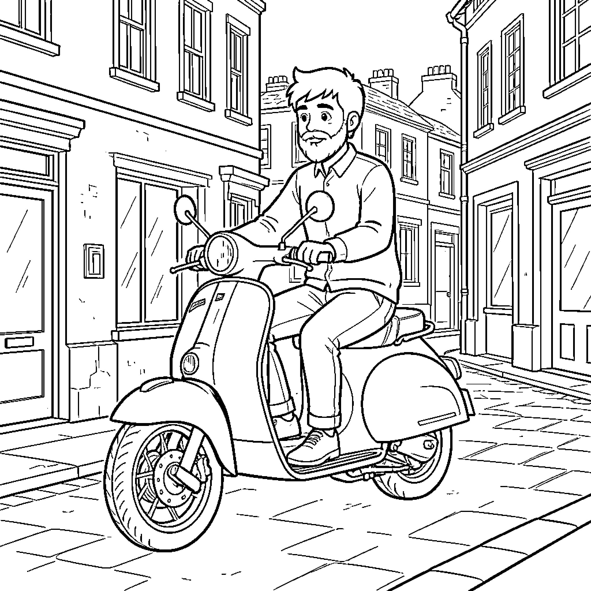Chico riding a motor scooter through a street Coloring Page (free black-and-white line drawing printable PDF for all, from beginners to advanced learners, including children, teens, adults, and seniors)