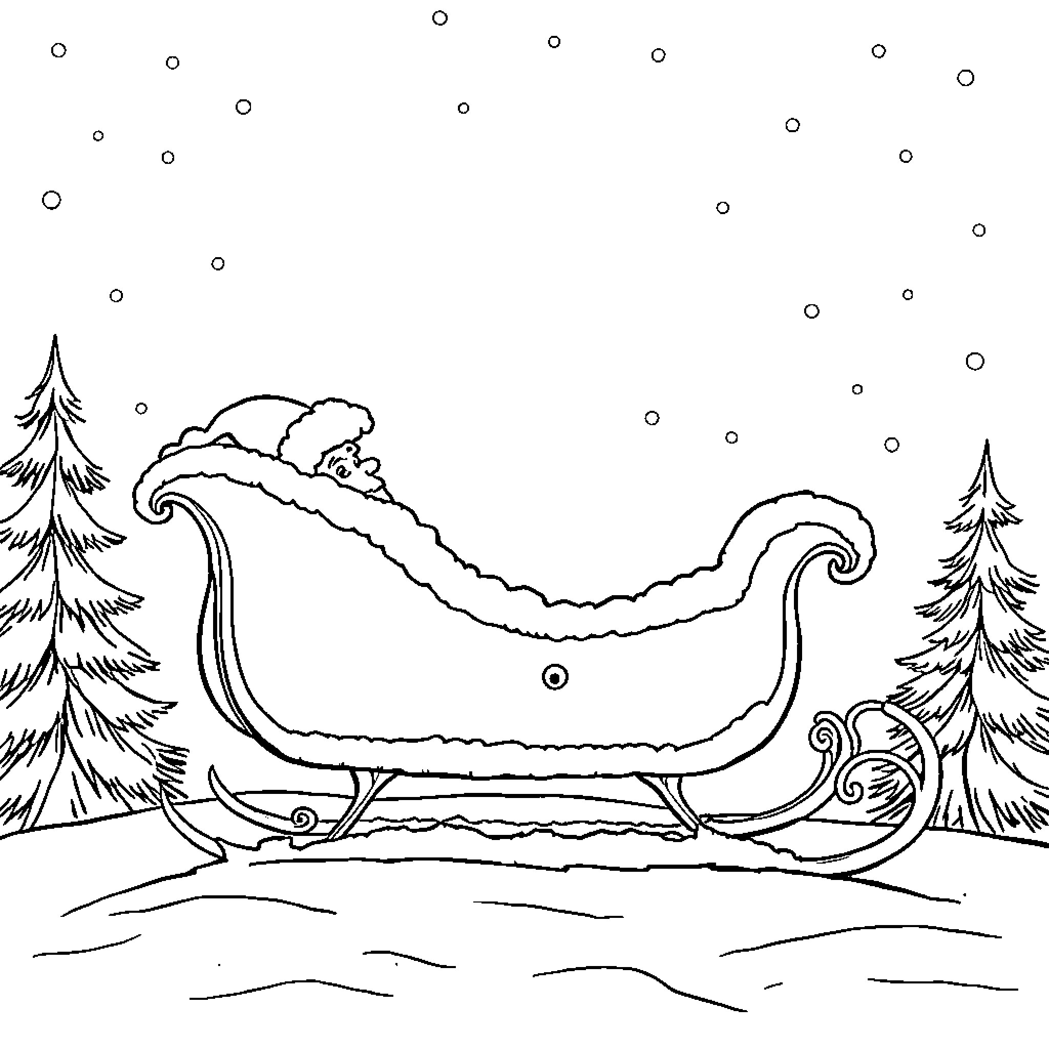 Sledge riding through snowy winter landscape Coloring Page (free black-and-white line drawing printable PDF for all, from beginners to advanced learners, including children, teens, adults, and seniors)