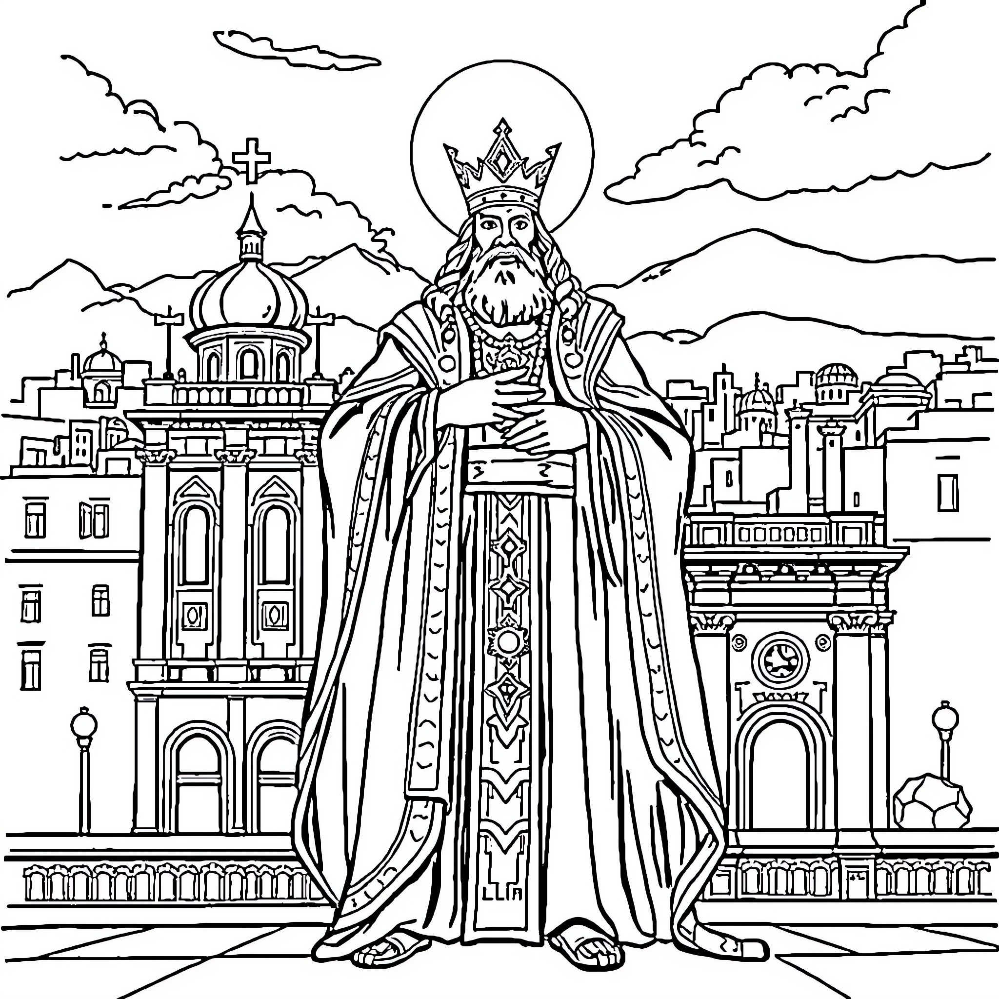 Lord of the Realm, Ruler of the City Coloring Page (free black-and-white line drawing printable PDF for all, from beginners to advanced learners, including children, teens, adults, and seniors)