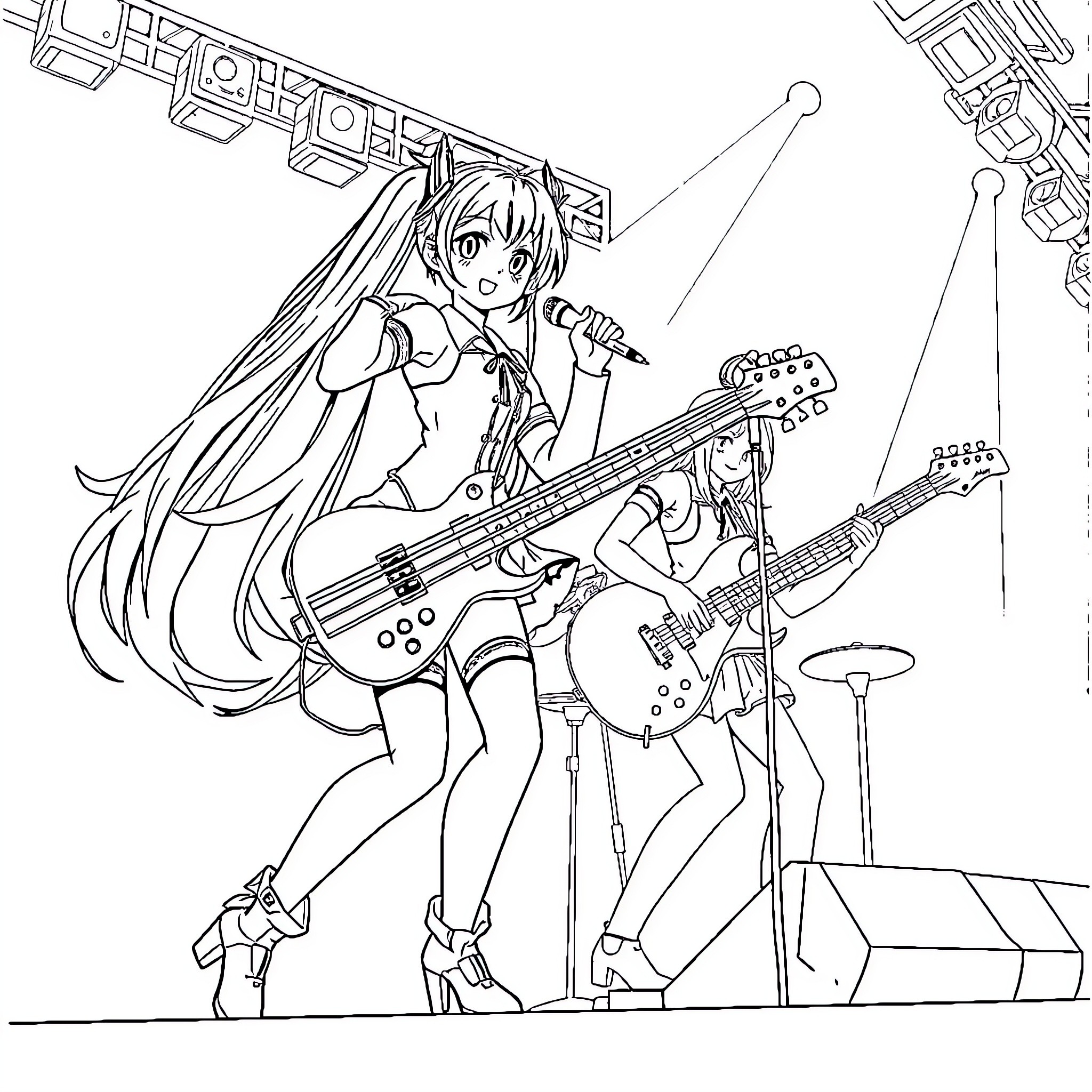 Miku performing on stage with electric guitar Coloring Page (free black-and-white line drawing printable PDF for all, from beginners to advanced learners, including children, teens, adults, and seniors)