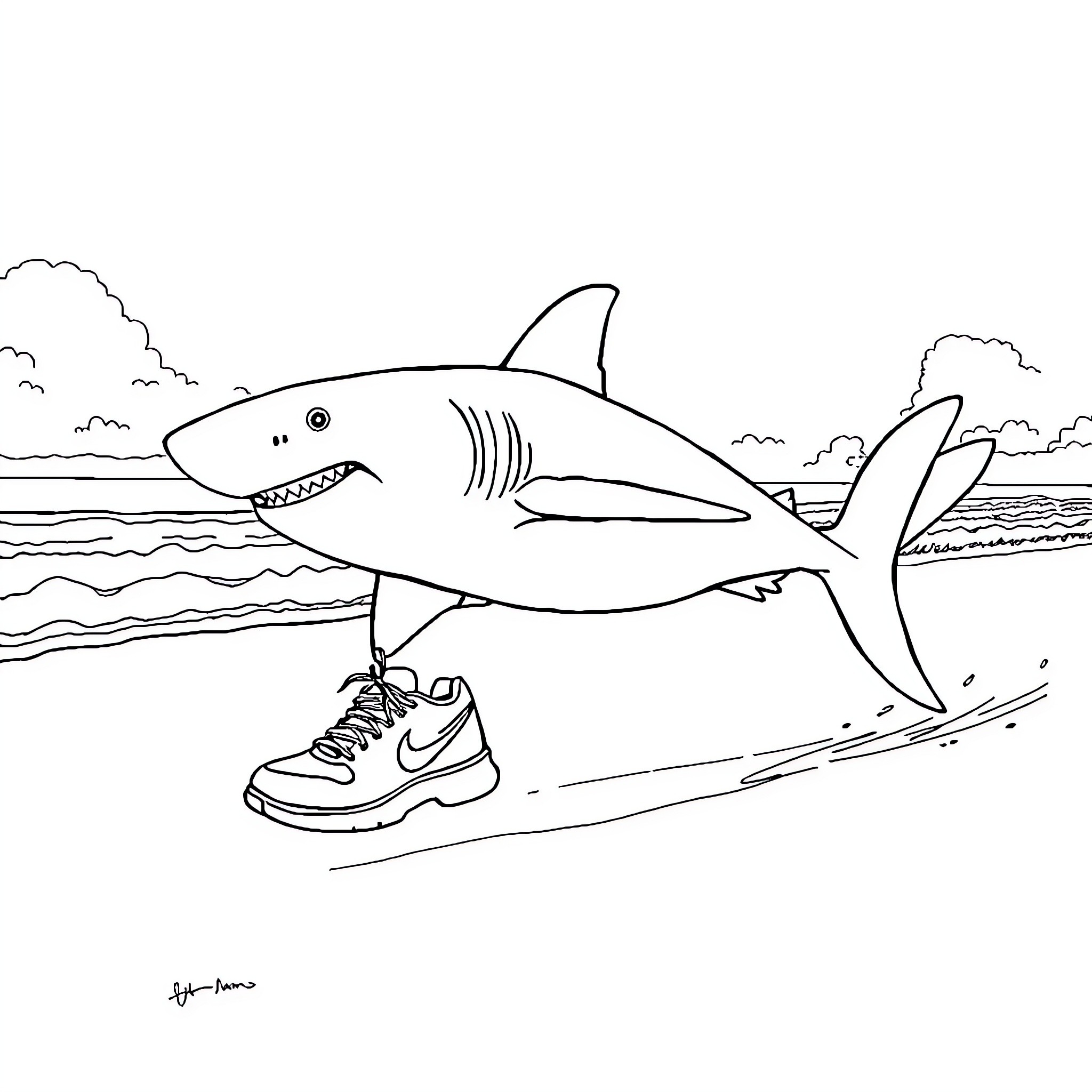 Shark swimming near sneakers on the beach Coloring Page (free black-and-white line drawing printable PDF for all, from beginners to advanced learners, including children, teens, adults, and seniors)