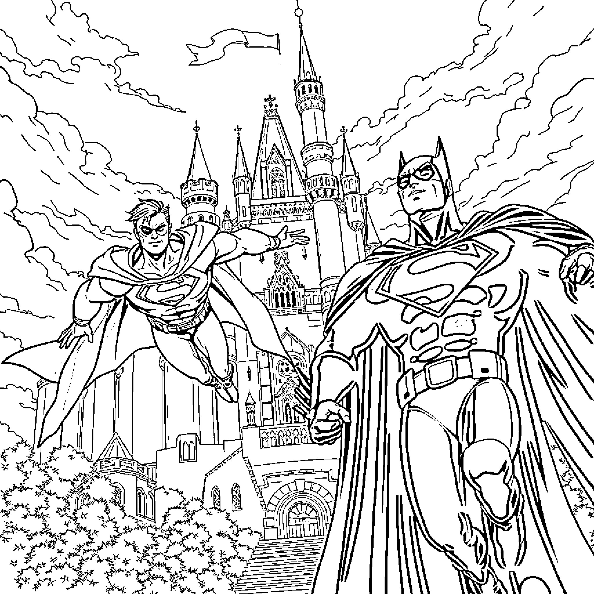 Batman and Superman in front of a majestic castle Coloring Page (free black-and-white line drawing printable PDF for all, from beginners to advanced learners, including children, teens, adults, and seniors)