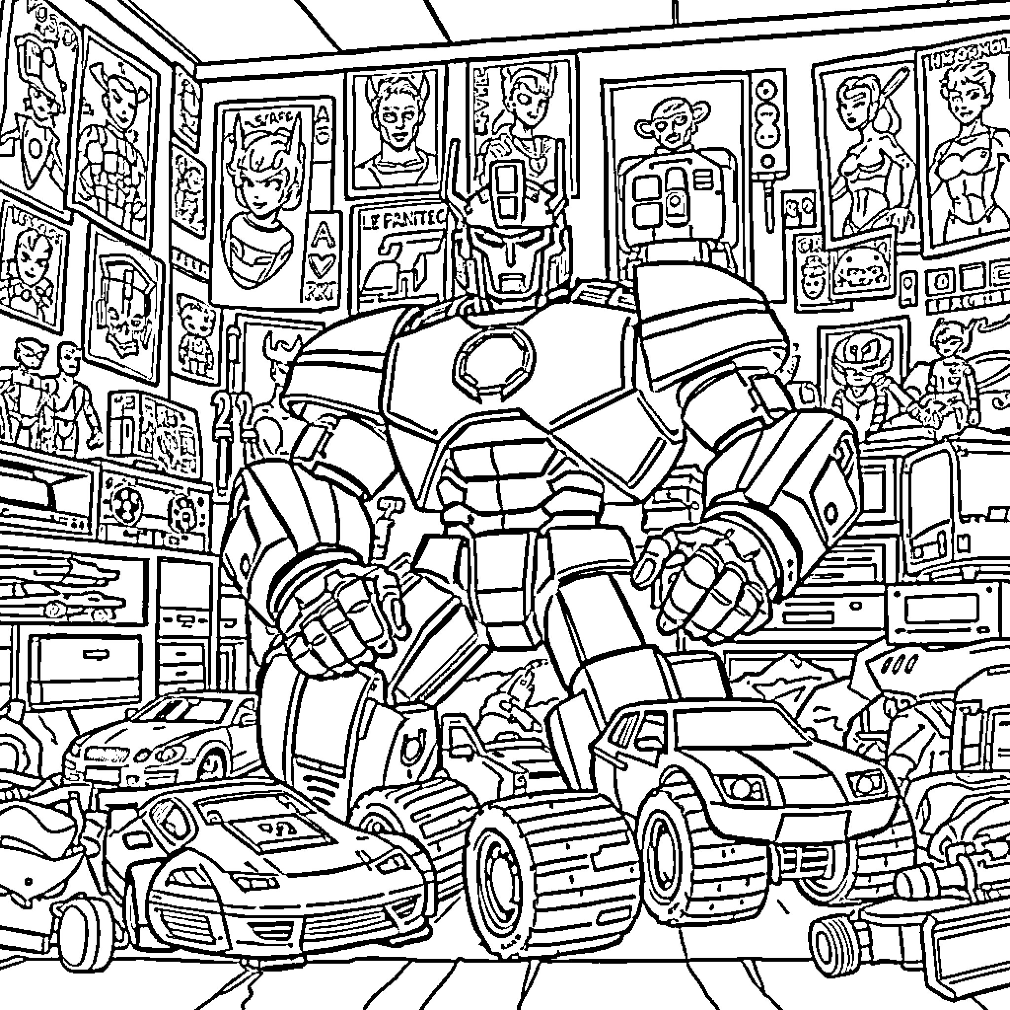 Zeus Battles Mythical Creatures in Robotic Transformation Coloring Page (free black-and-white line drawing printable PDF for all, from beginners to advanced learners, including children, teens, adults, and seniors)