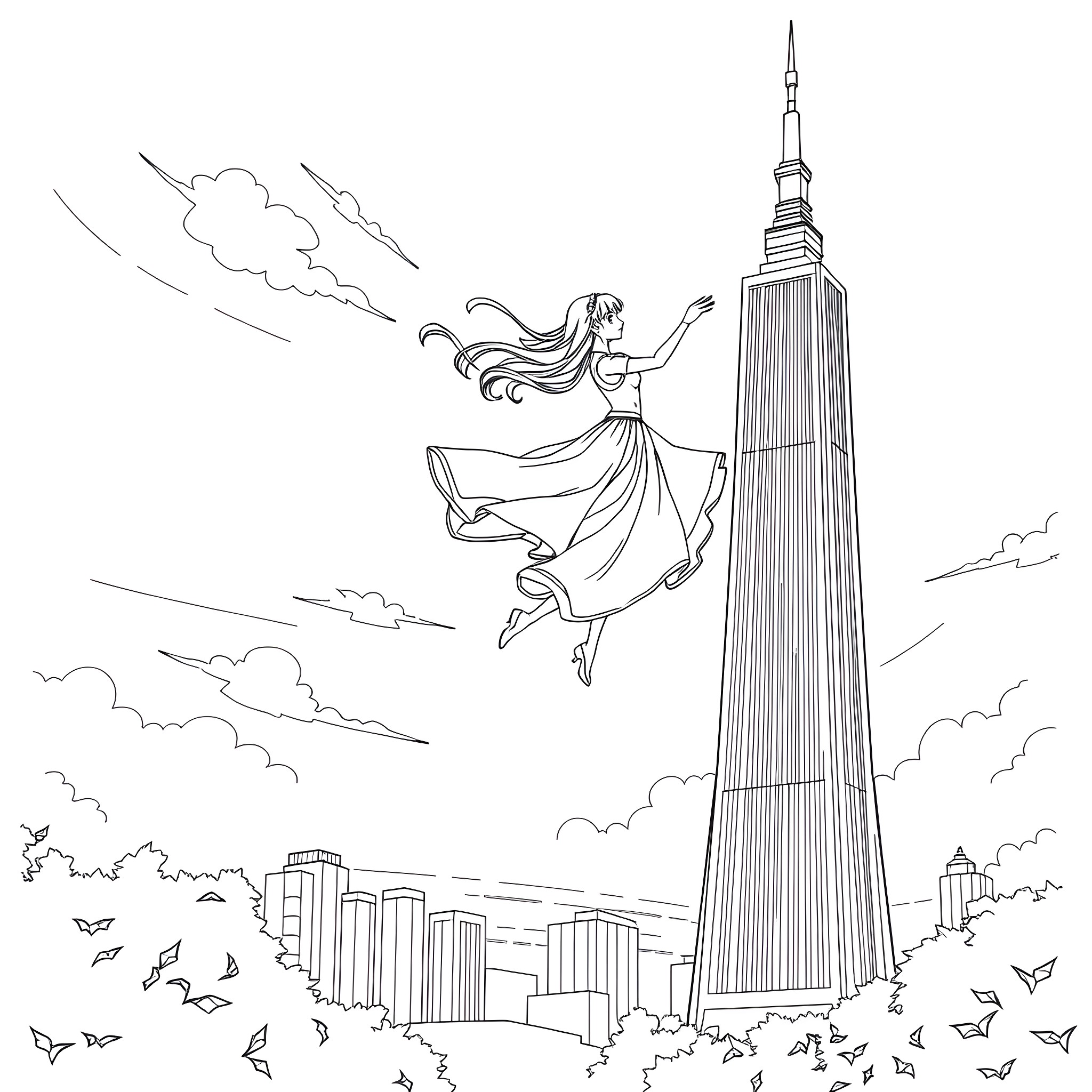 Anime Girl floating above the city skyline Coloring Page (free black-and-white line drawing printable PDF for all, from beginners to advanced learners, including children, teens, adults, and seniors)