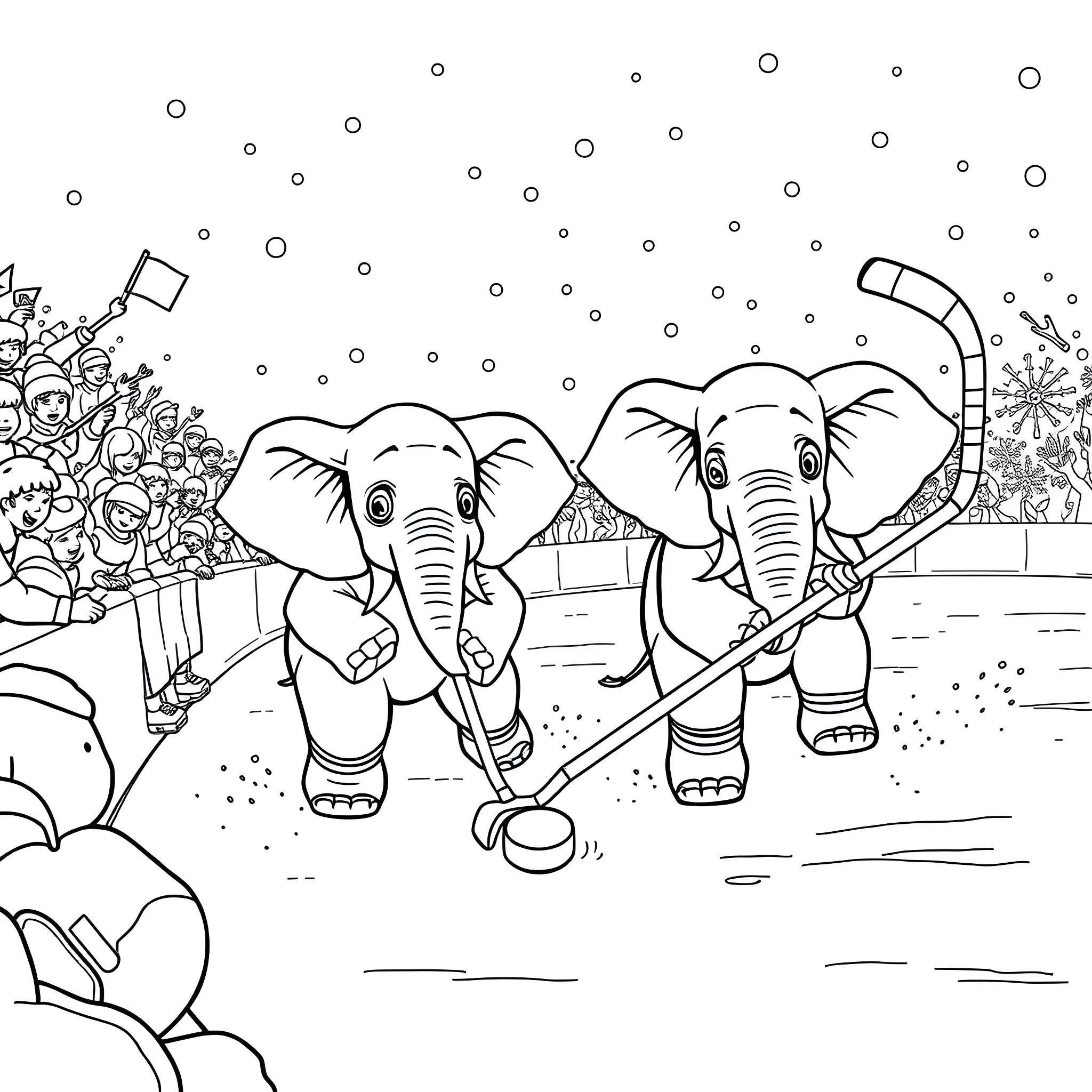 Elephant Circus Performers Entertaining Crowd Coloring Page (free black-and-white line drawing printable PDF for all, from beginners to advanced learners, including children, teens, adults, and seniors)