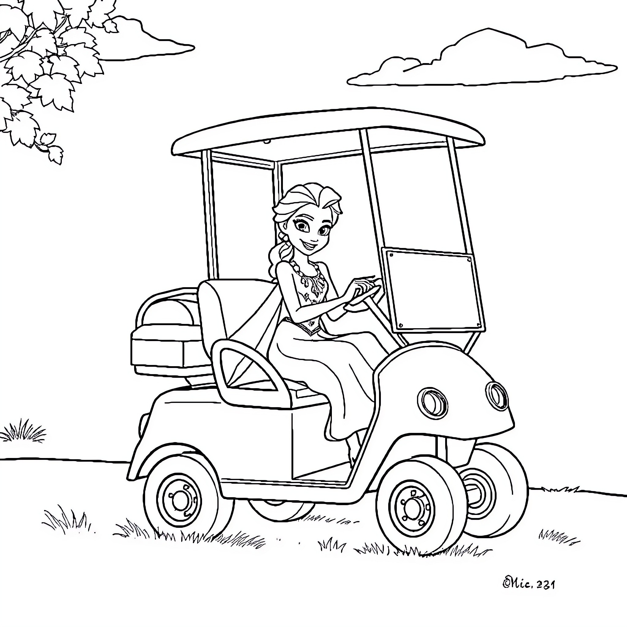 Elsa enjoying a peaceful golf cart ride Coloring Page (free black-and-white line drawing printable PDF for all, from beginners to advanced learners, including children, teens, adults, and seniors)