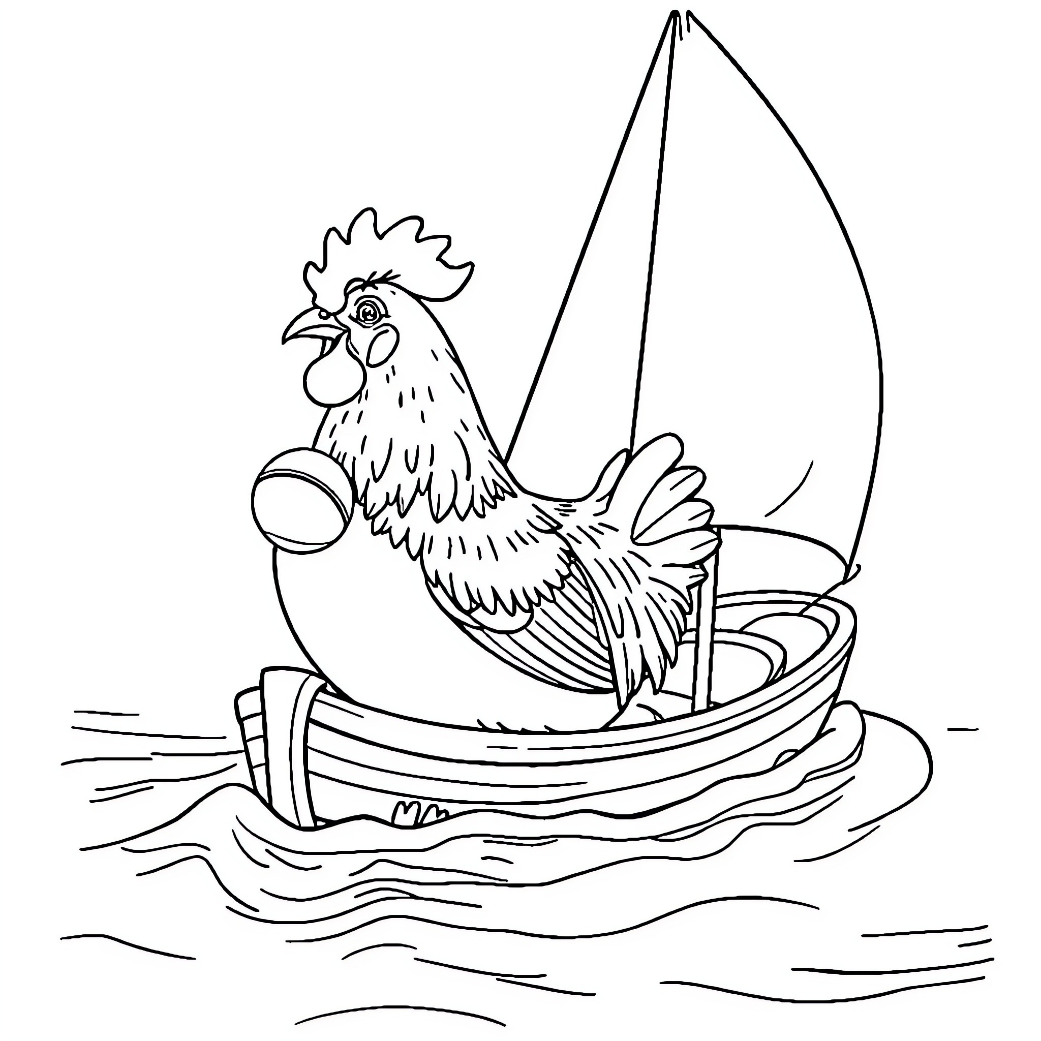 Cochon d'Inde Chicken Sailing in a Boat Coloring Page (free black-and-white line drawing printable PDF for all, from beginners to advanced learners, including children, teens, adults, and seniors)