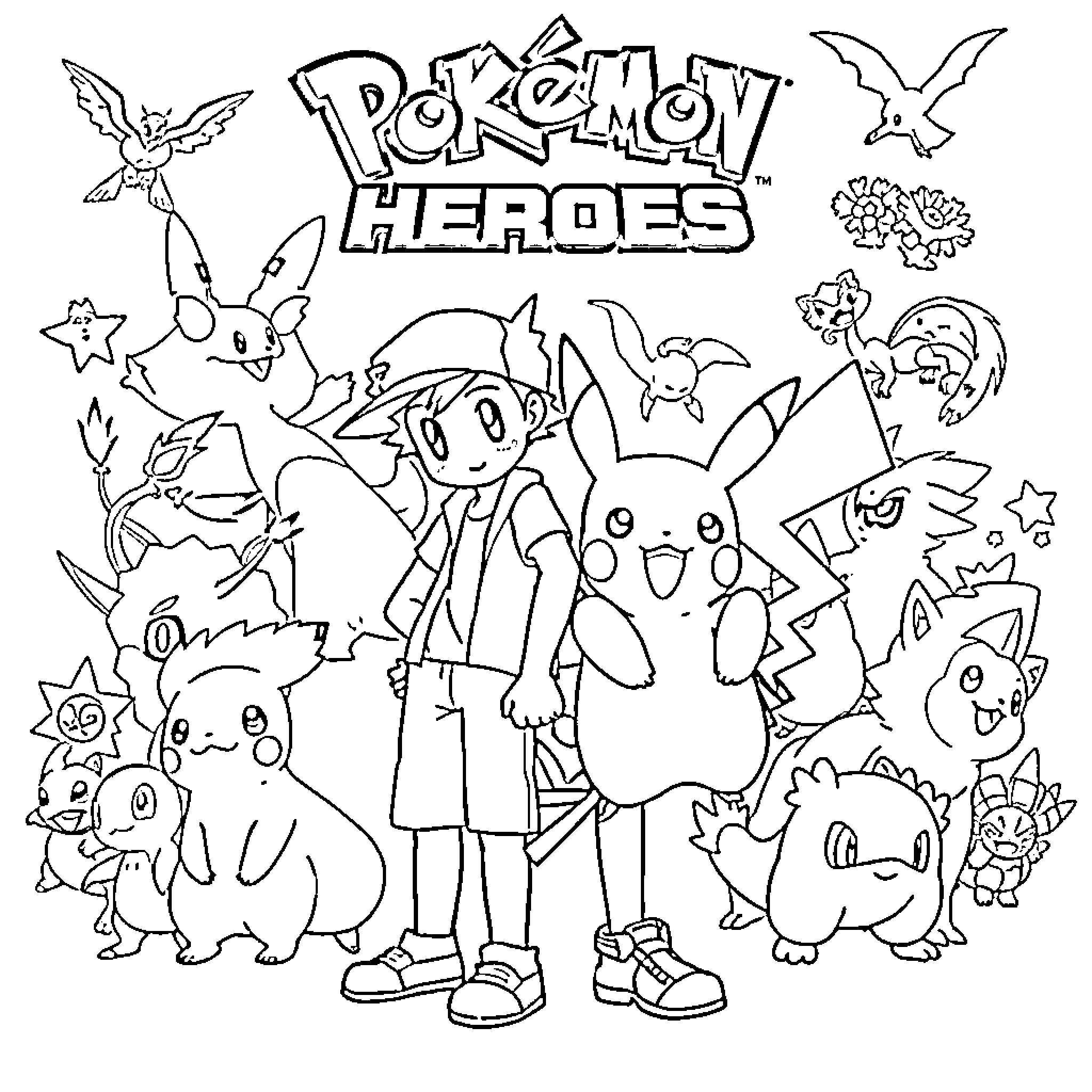 Pokémon Heroes Featuring Favorite Characters and Creatures Coloring Page (free black-and-white line drawing printable PDF for all, from beginners to advanced learners, including children, teens, adults, and seniors)