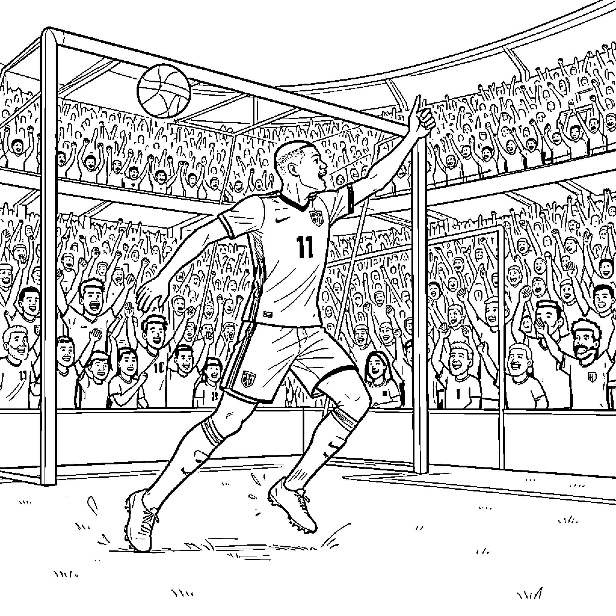 Kylian Mbappe celebrating a goal in front of fans Coloring Page (free black-and-white line drawing printable PDF for all, from beginners to advanced learners, including children, teens, adults, and seniors)