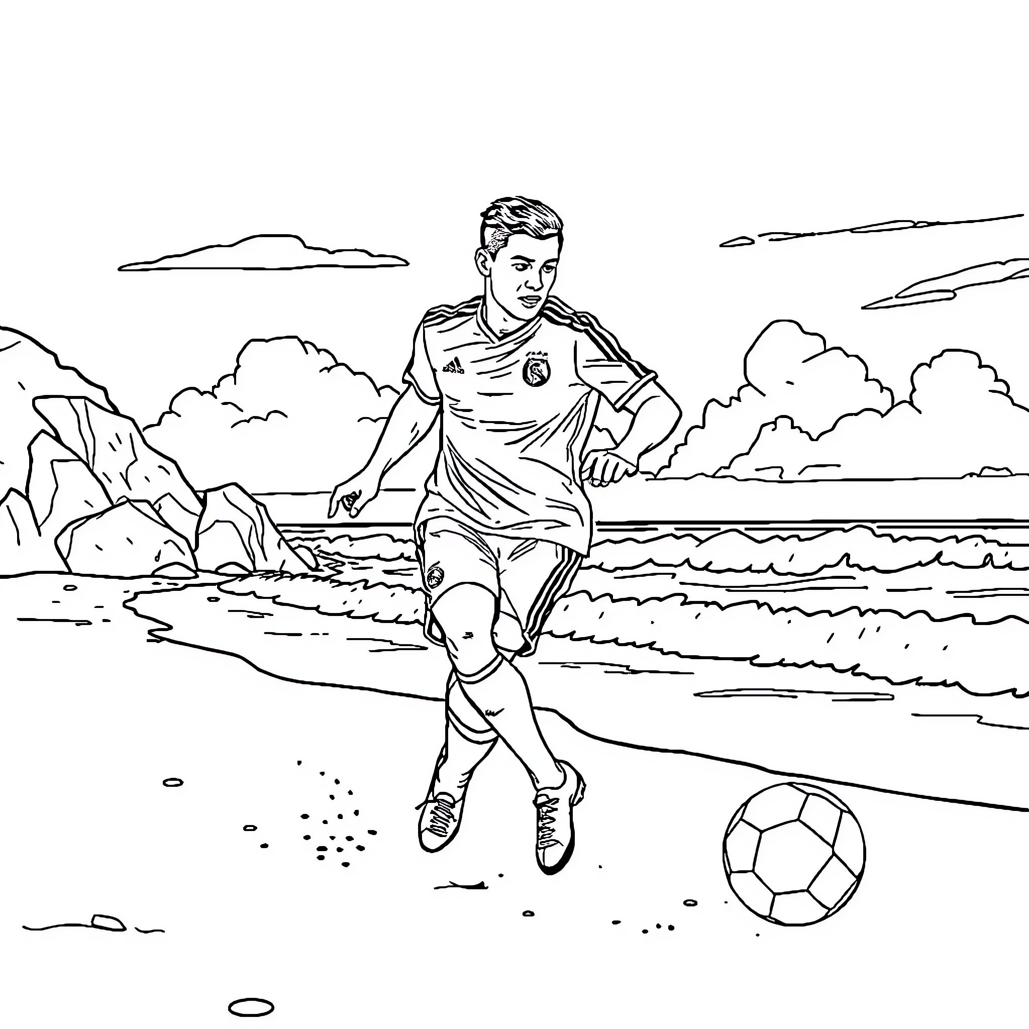 Ronaldo playing soccer on the beach Coloring Page (free black-and-white line drawing printable PDF for all, from beginners to advanced learners, including children, teens, adults, and seniors)