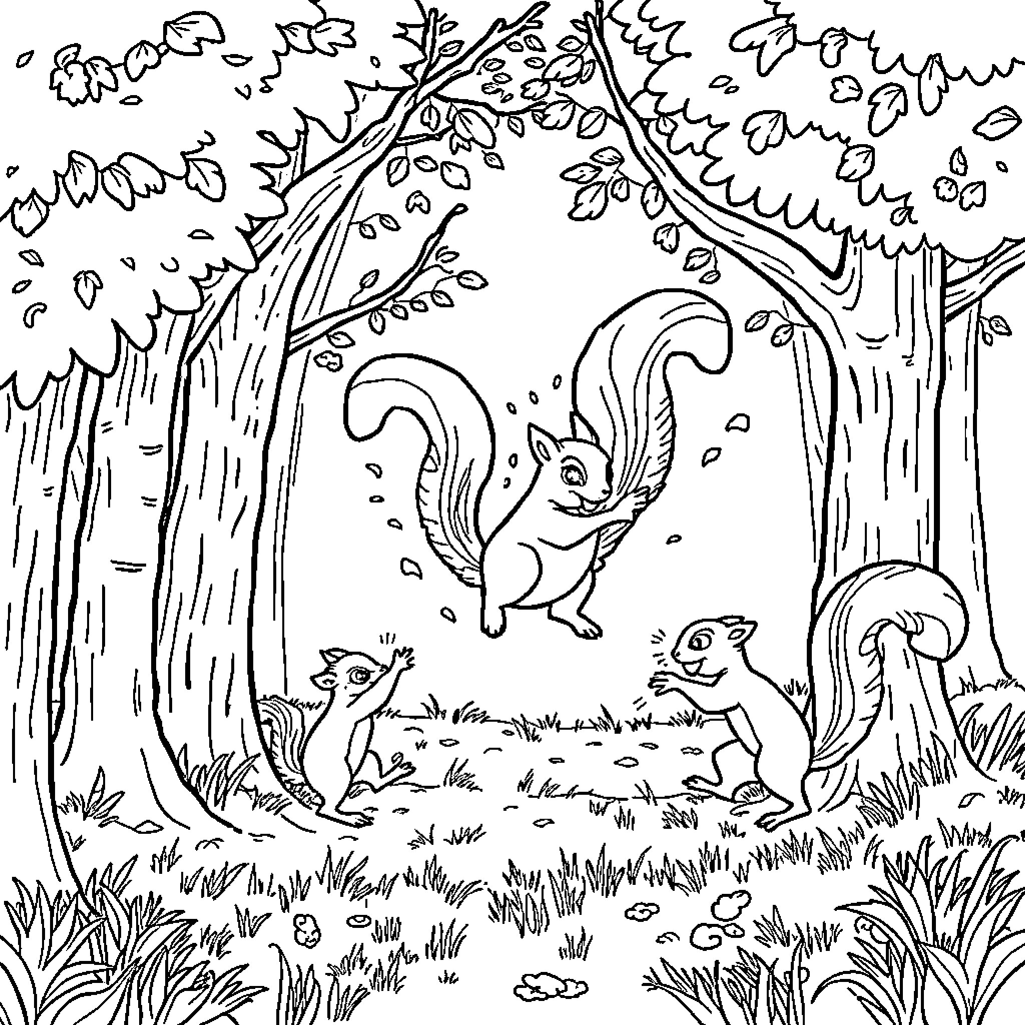 Squirrel Scurrying in the Woodland Wonderland Coloring Page (free black-and-white line drawing printable PDF for all, from beginners to advanced learners, including children, teens, adults, and seniors)
