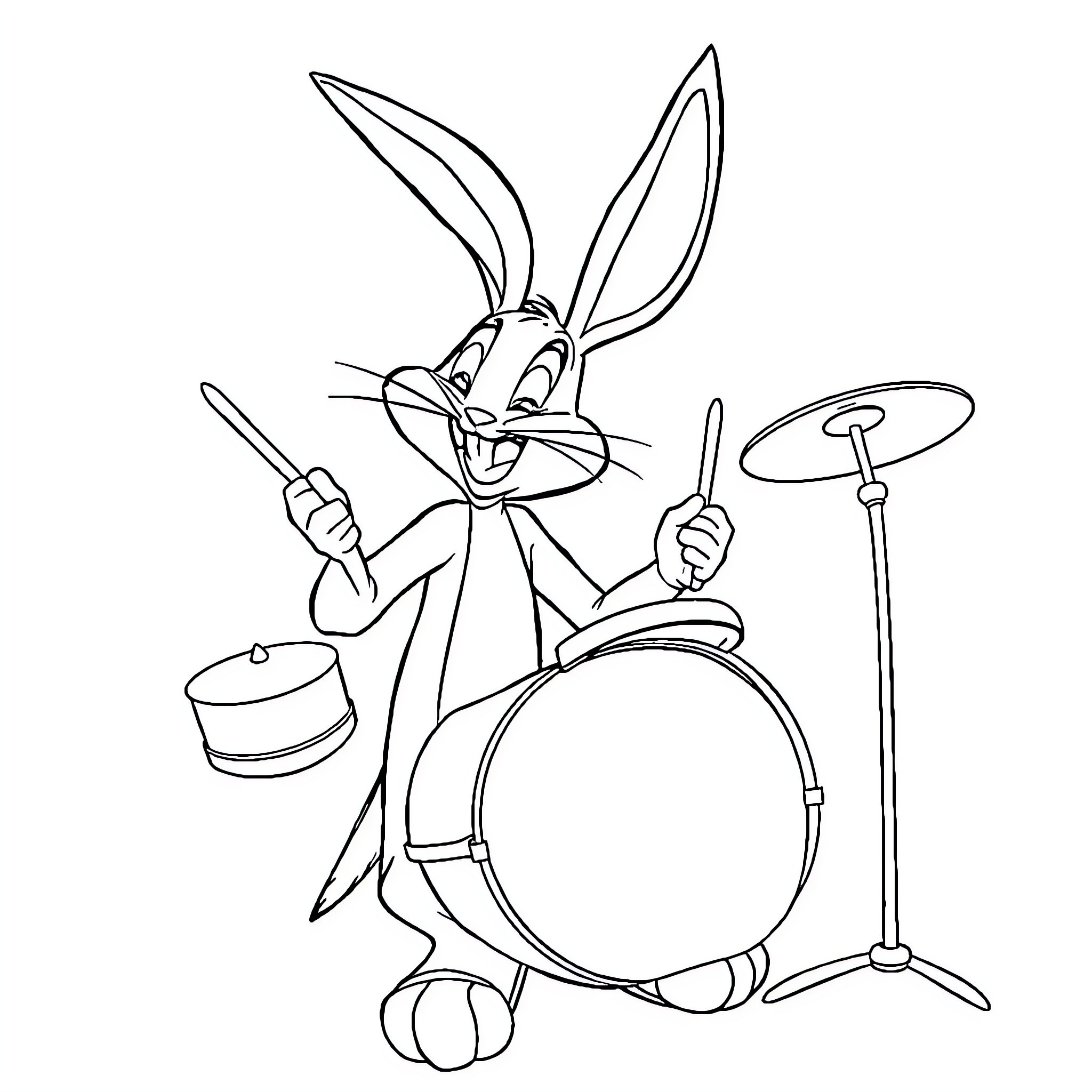Bugs Bunny playing the drums with enthusiasm Coloring Page (free black-and-white line drawing printable PDF for all, from beginners to advanced learners, including children, teens, adults, and seniors)