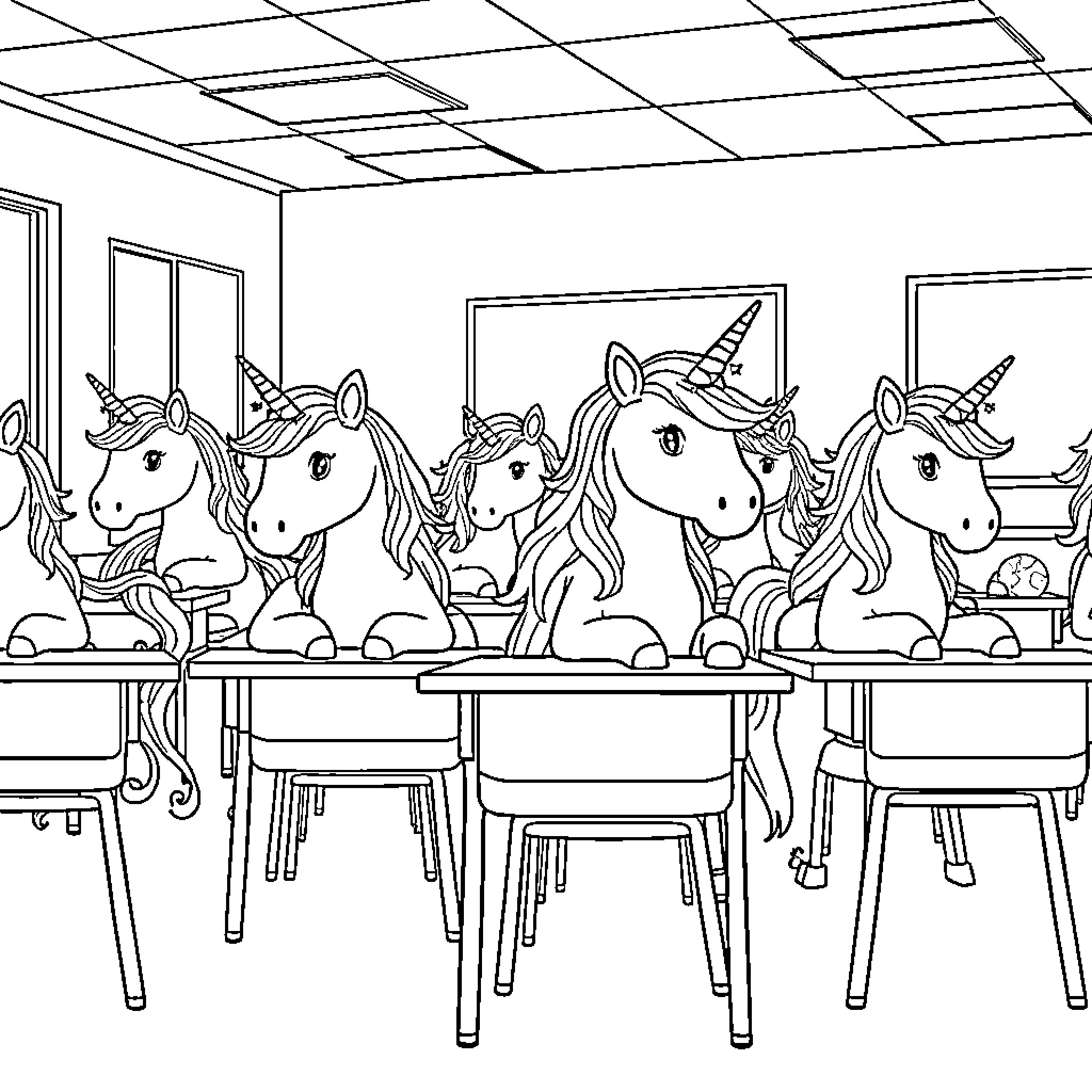 Unicorns learning together in the classroom Coloring Page (free black-and-white line drawing printable PDF for all, from beginners to advanced learners, including children, teens, adults, and seniors)