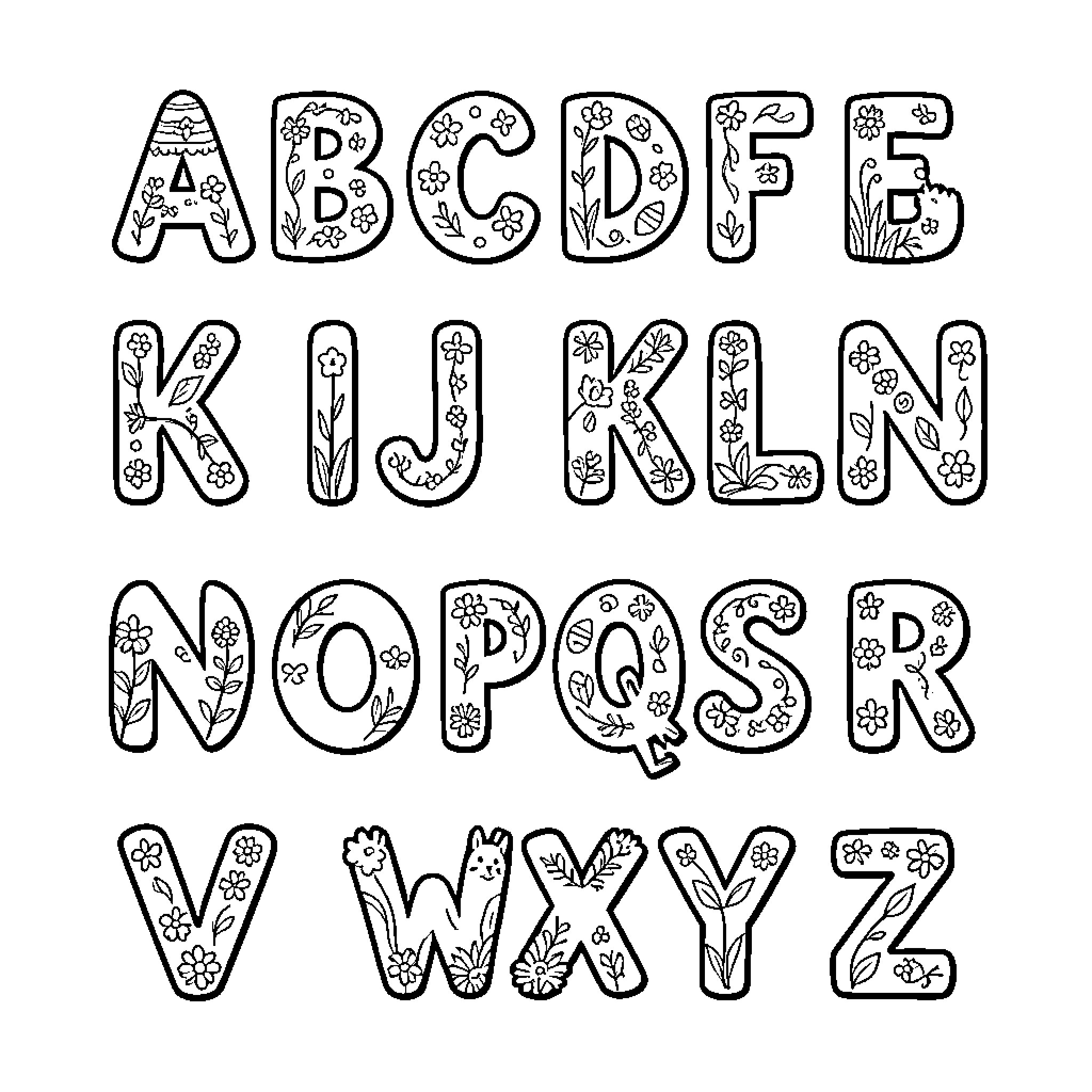 Easter Alphabet with Playful Floral Designs Coloring Page (free black-and-white line drawing printable PDF for all, from beginners to advanced learners, including children, teens, adults, and seniors)