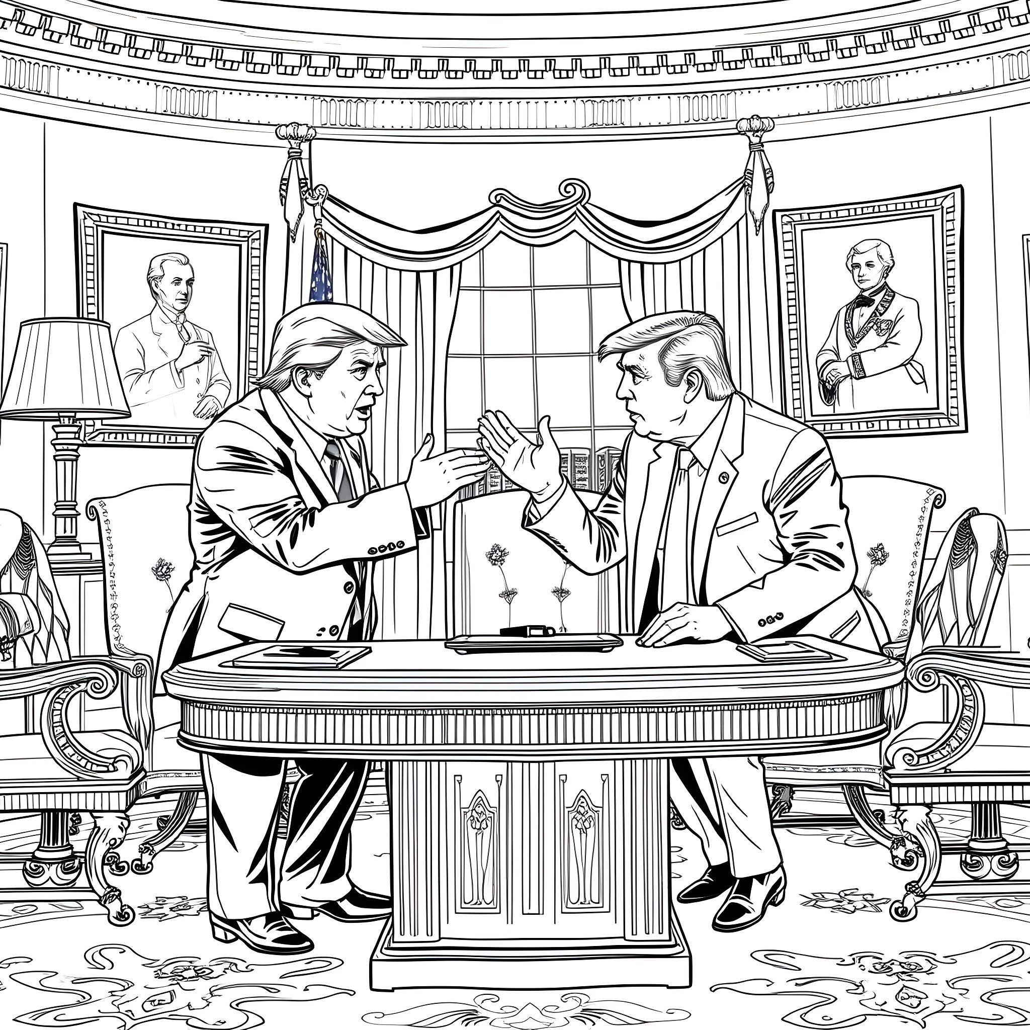 Trump Confronting Opponent in Oval Office Coloring Page (free black-and-white line drawing printable PDF for all, from beginners to advanced learners, including children, teens, adults, and seniors)