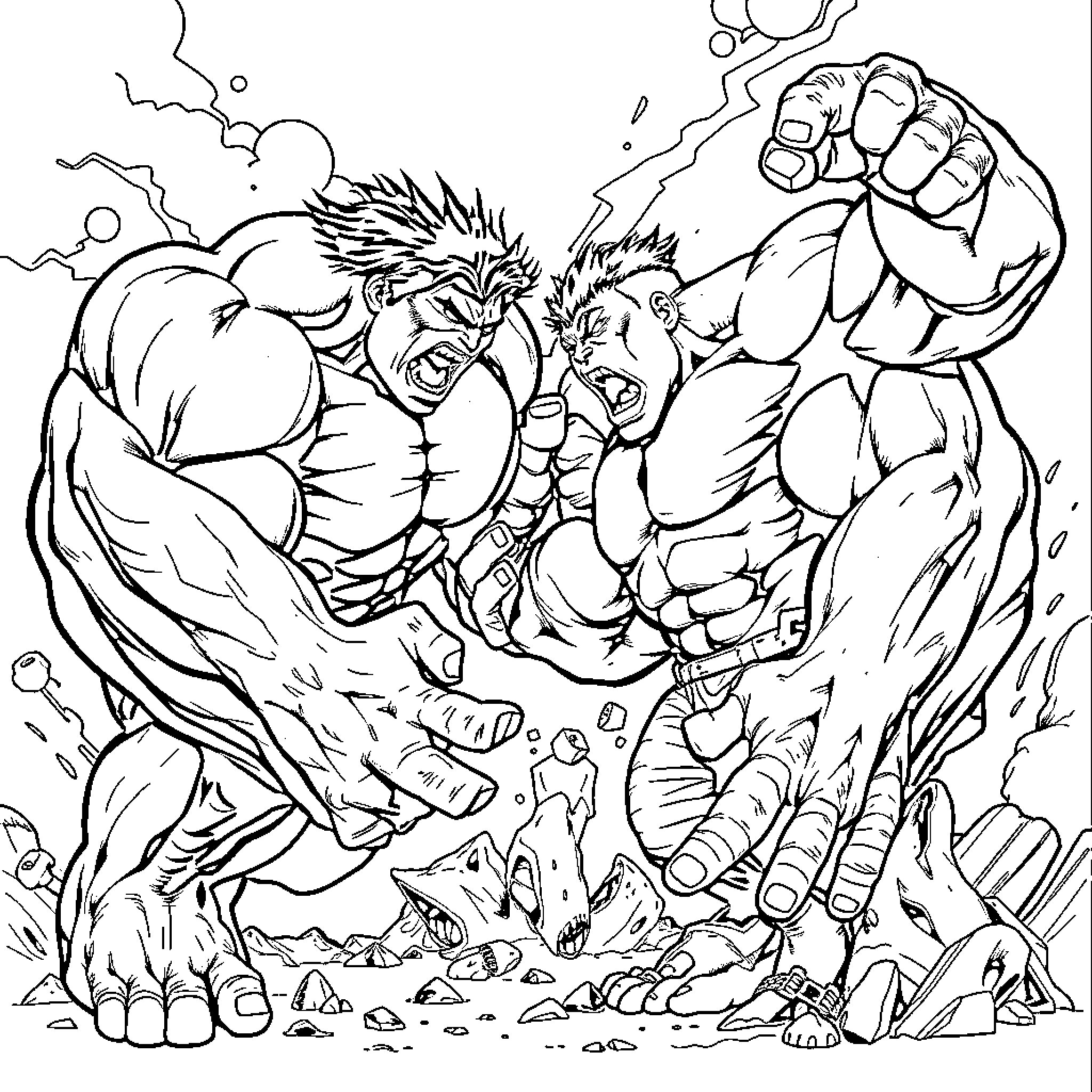 Hulk smashing and punching through the scene Coloring Page (free black-and-white line drawing printable PDF for all, from beginners to advanced learners, including children, teens, adults, and seniors)