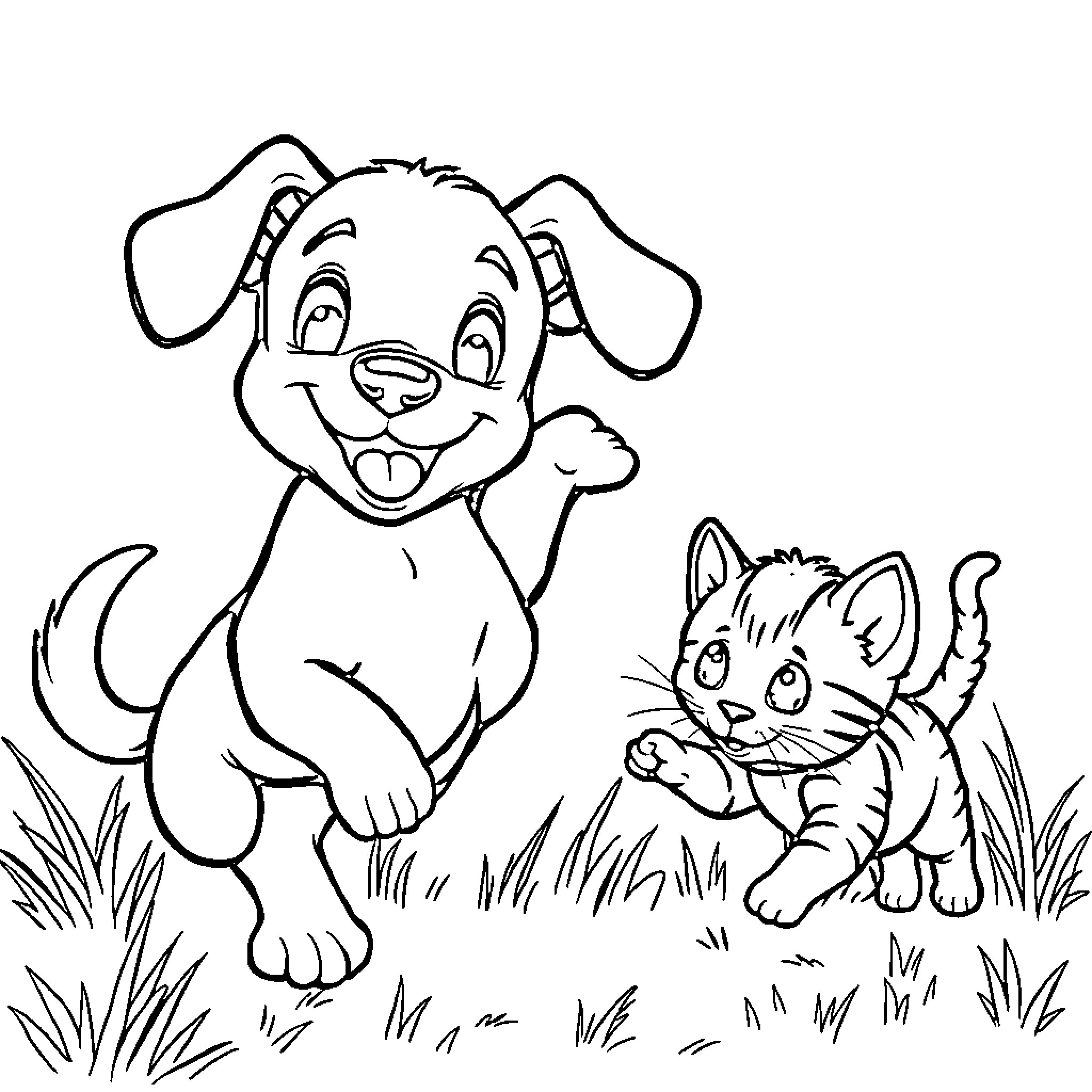 Puppy and Kitten Exploring the Outdoors Coloring Page (free black-and-white line drawing printable PDF for all, from beginners to advanced learners, including children, teens, adults, and seniors)