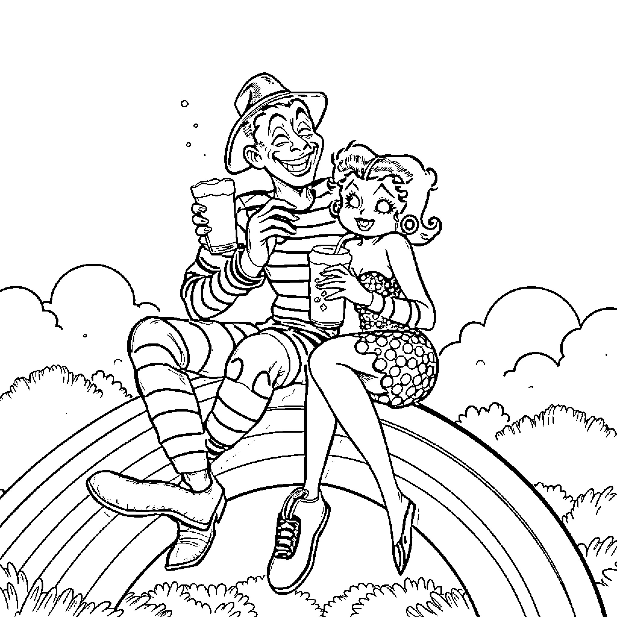Freddie Krueger and companion frolicking in nature Coloring Page (free black-and-white line drawing printable PDF for all, from beginners to advanced learners, including children, teens, adults, and seniors)