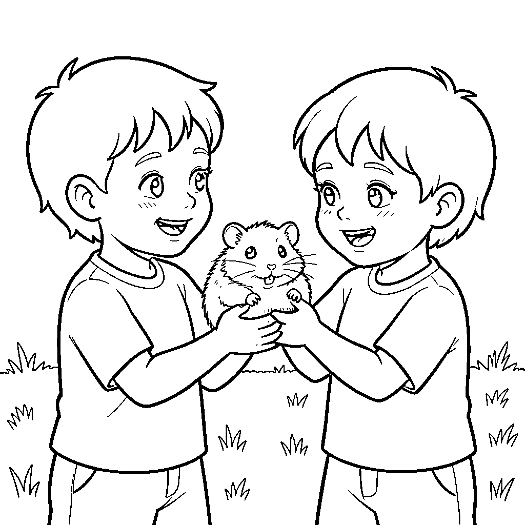 Hamster being held by two happy children Coloring Page (free black-and-white line drawing printable PDF for all, from beginners to advanced learners, including children, teens, adults, and seniors)