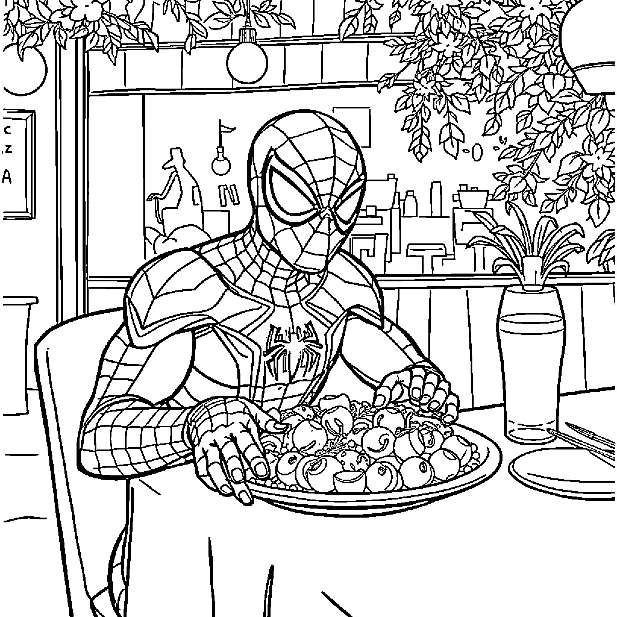 Spiderman enjoying a meal in a cozy setting Coloring Page (free black-and-white line drawing printable PDF for all, from beginners to advanced learners, including children, teens, adults, and seniors)