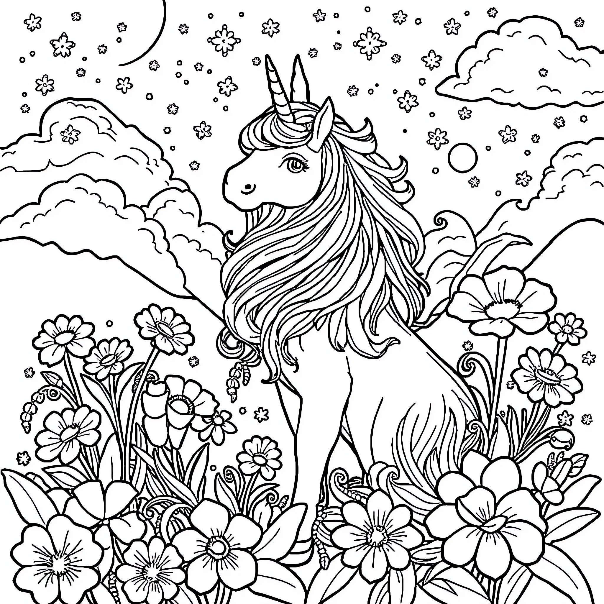 Unicorn Enchanted by Floral Wonderland Coloring Page (free black-and-white line drawing printable PDF for all, from beginners to advanced learners, including children, teens, adults, and seniors)
