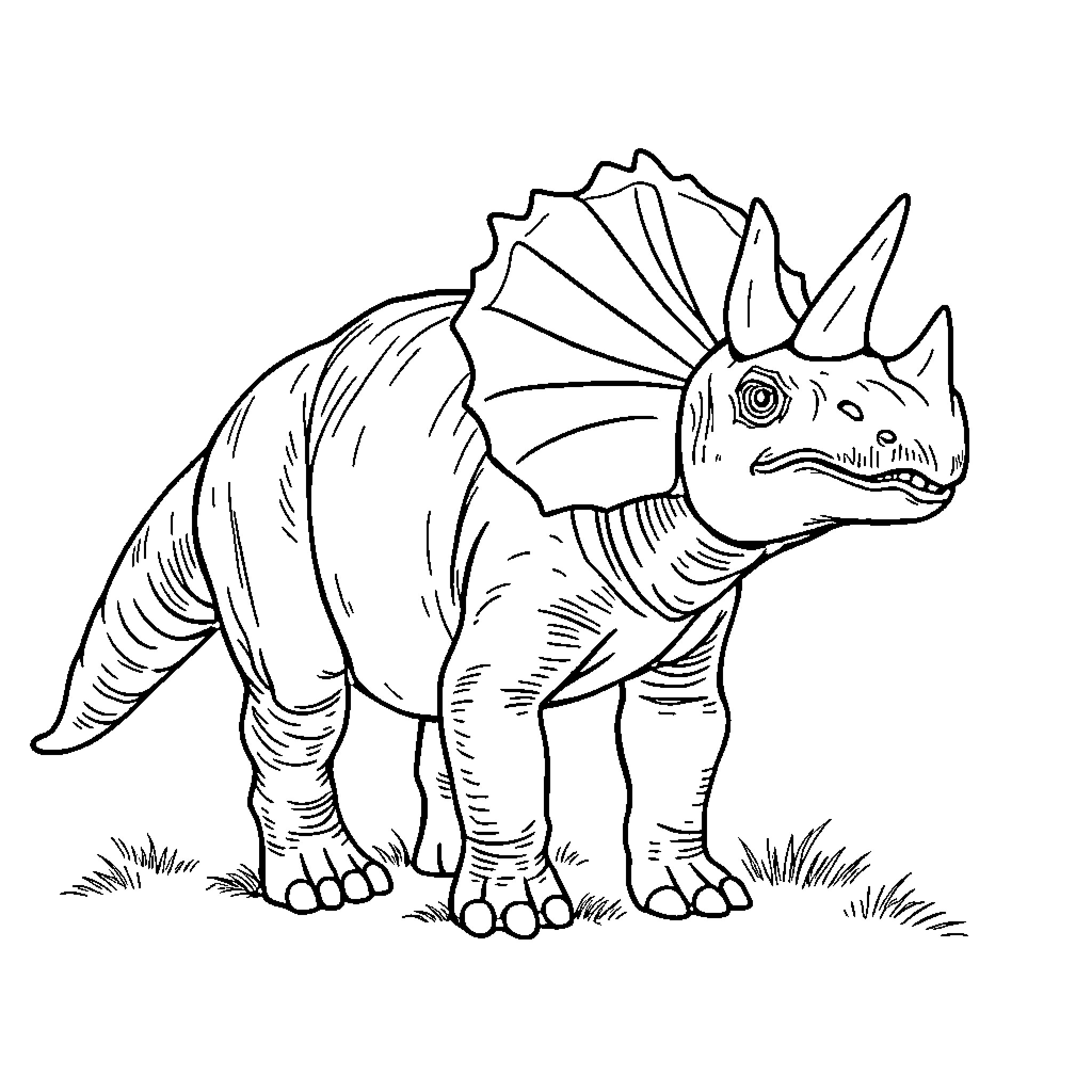 Triceratops dinosaur standing in nature Coloring Page (free black-and-white line drawing printable PDF for all, from beginners to advanced learners, including children, teens, adults, and seniors)