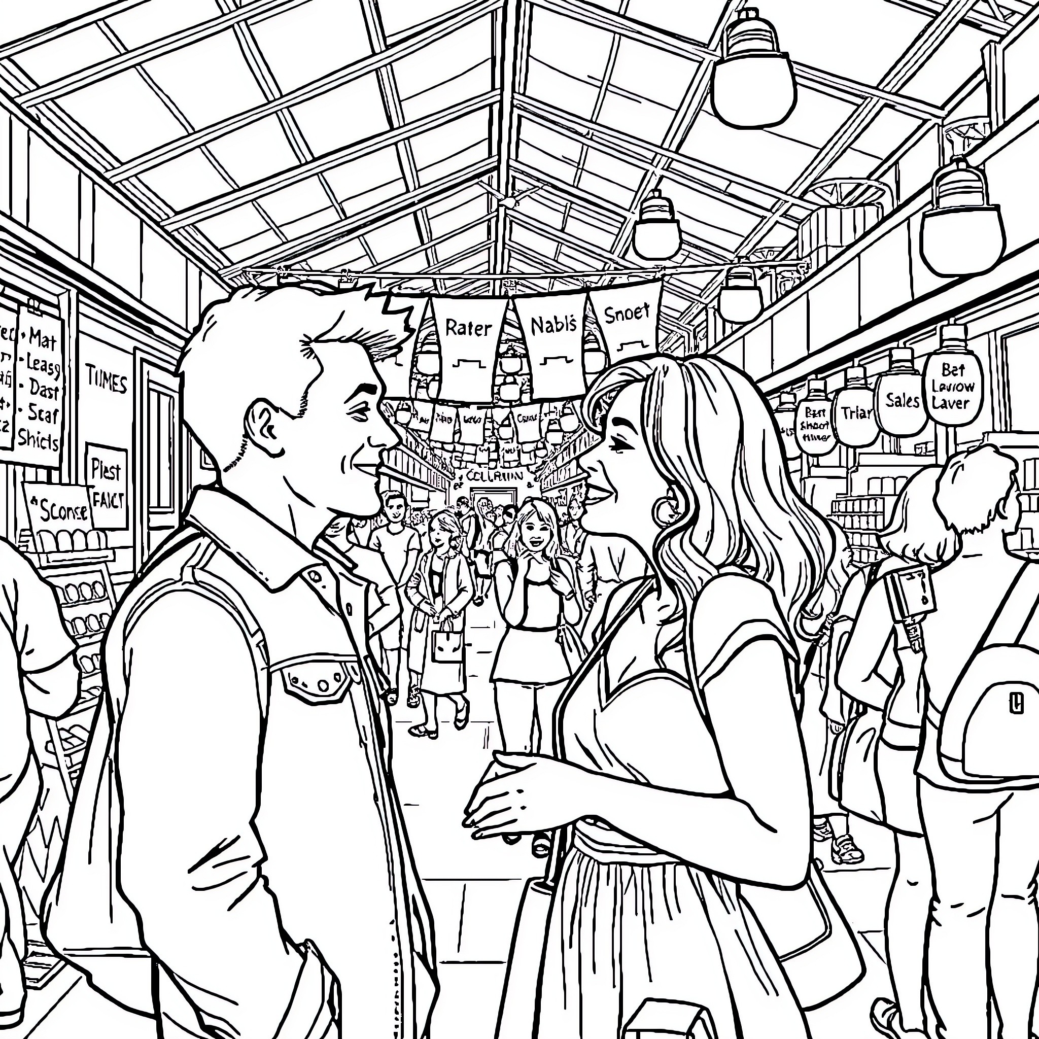 Couple exploring a busy indoor marketplace Coloring Page (free black-and-white line drawing printable PDF for all, from beginners to advanced learners, including children, teens, adults, and seniors)