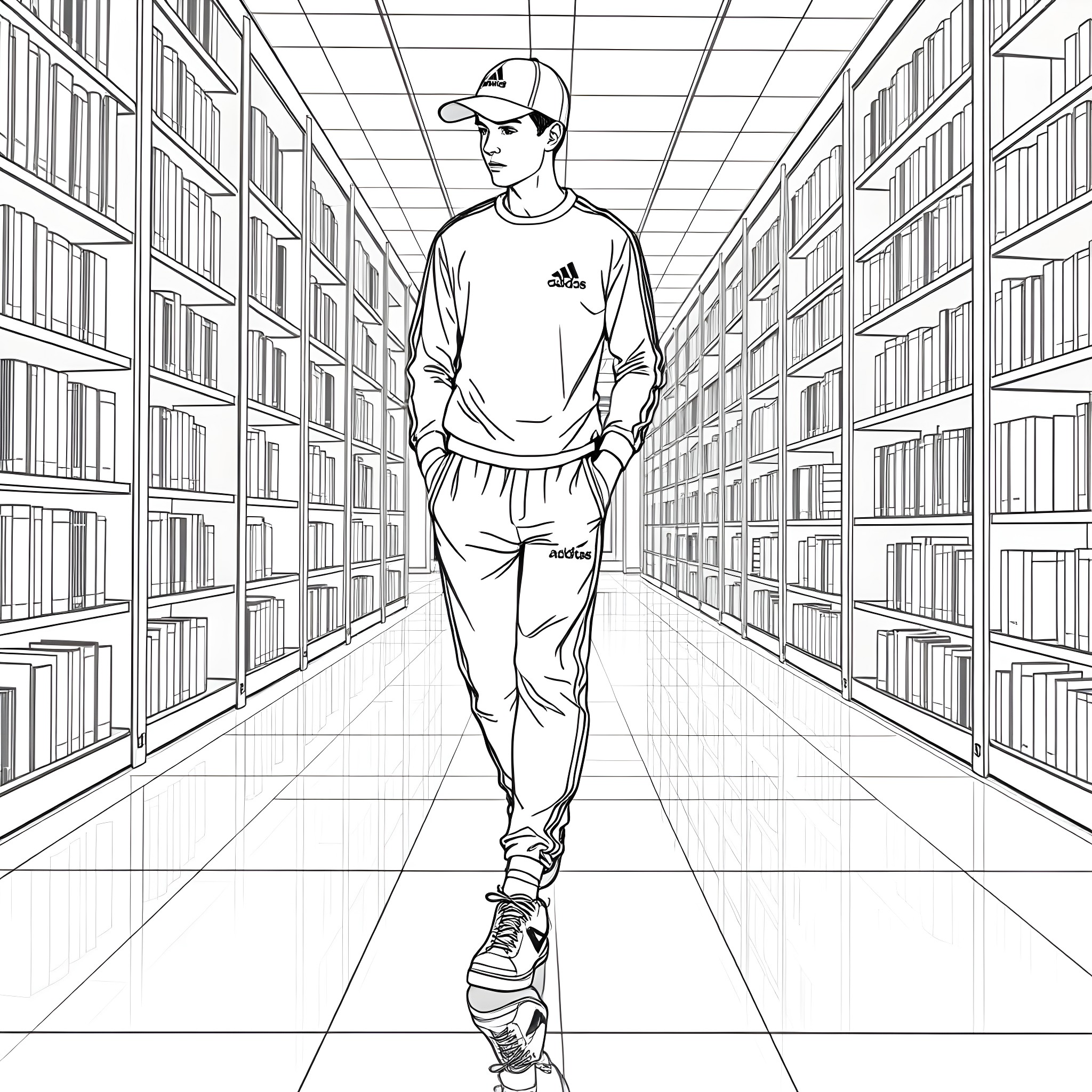 Teen Guy Walking Through Bookshelf-Filled Library Coloring Page (free black-and-white line drawing printable PDF for all, from beginners to advanced learners, including children, teens, adults, and seniors)