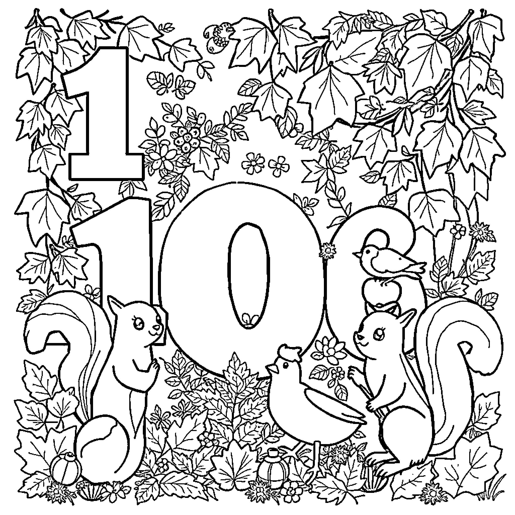 Number 101 Animals in Forest Scene Coloring Page (free black-and-white line drawing printable PDF for all, from beginners to advanced learners, including children, teens, adults, and seniors)