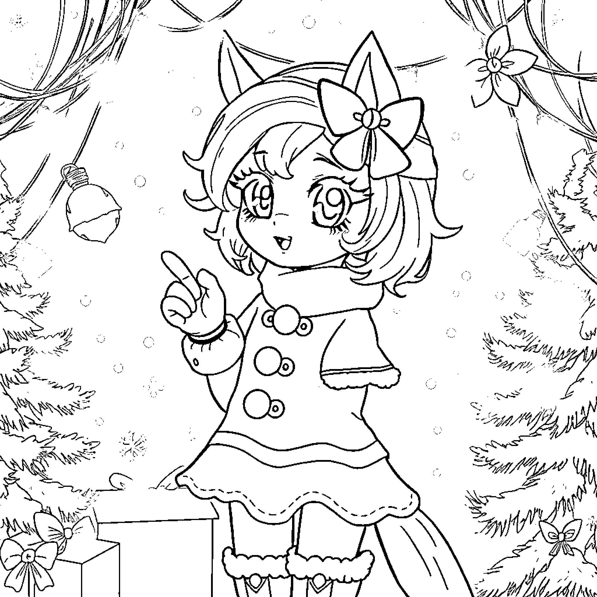 Derpy anime-style character in winter wonderland Coloring Page (free black-and-white line drawing printable PDF for all, from beginners to advanced learners, including children, teens, adults, and seniors)