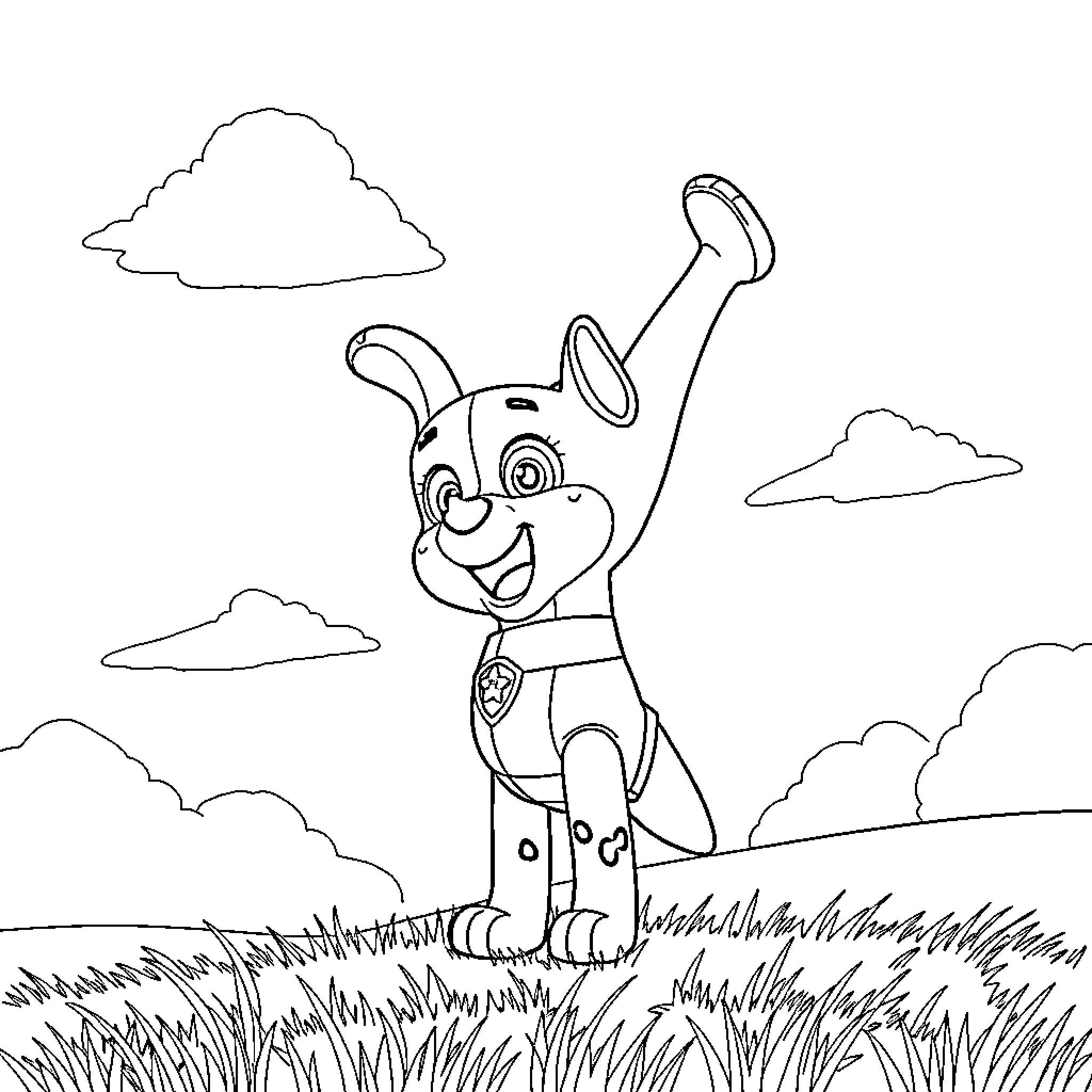 Paw Patrol character enjoying nature outdoors Coloring Page (free black-and-white line drawing printable PDF for all, from beginners to advanced learners, including children, teens, adults, and seniors)