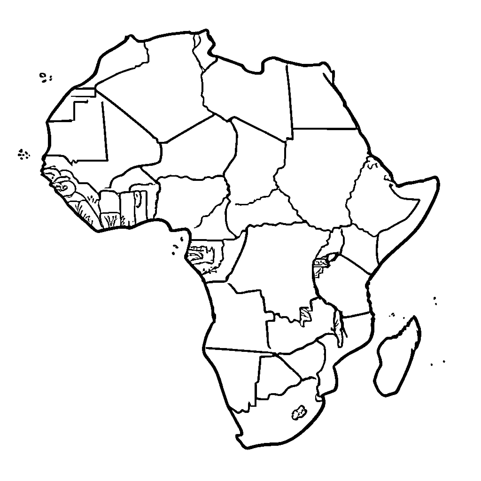 Africa map with country outlines and land borders Coloring Page (free black-and-white line drawing printable PDF for all, from beginners to advanced learners, including children, teens, adults, and seniors)
