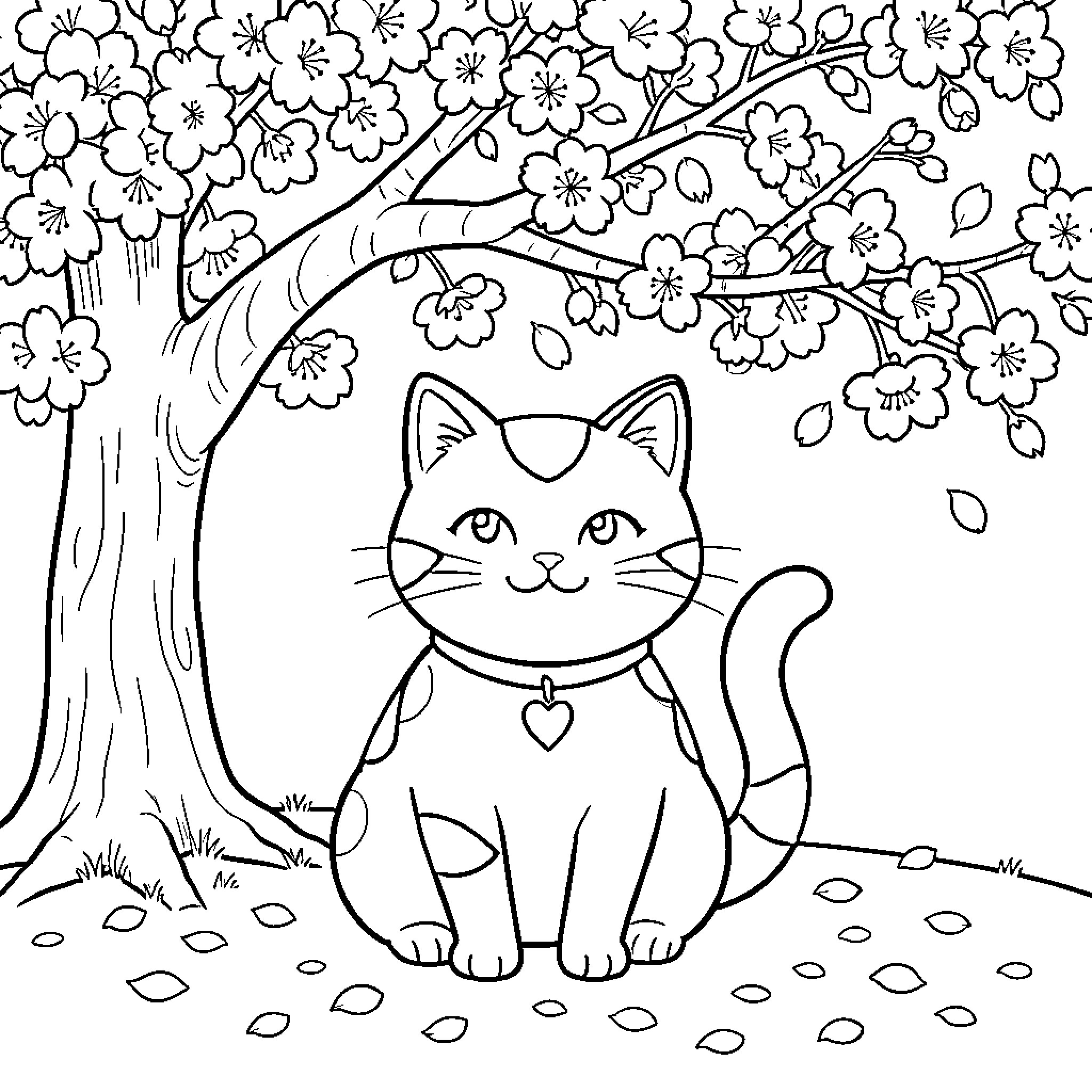 Cat under Cherry Blossom Tree Coloring Page (free black-and-white line drawing printable PDF for all, from beginners to advanced learners, including children, teens, adults, and seniors)