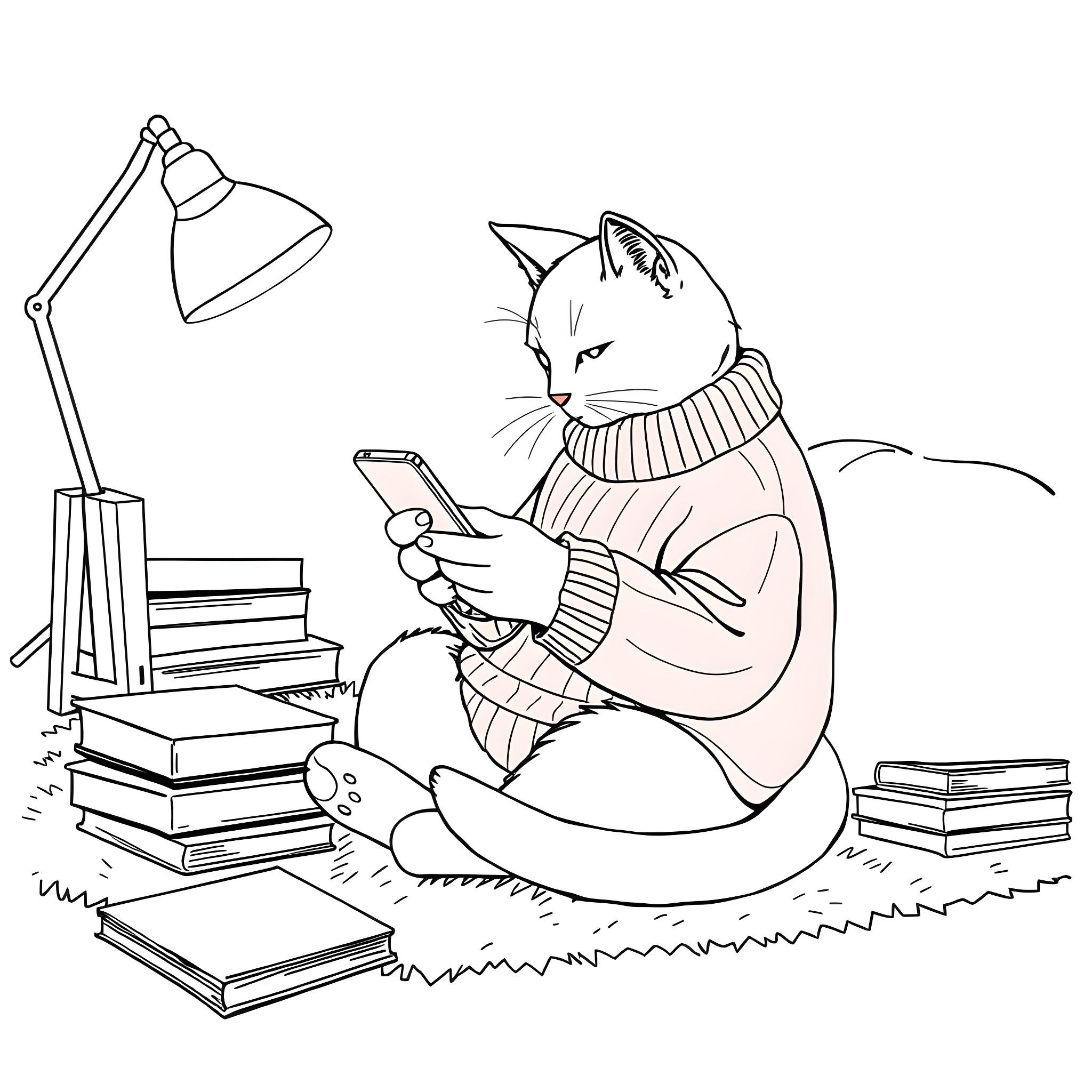 Cat using smartphone while surrounded by books Coloring Page (free black-and-white line drawing printable PDF for all, from beginners to advanced learners, including children, teens, adults, and seniors)