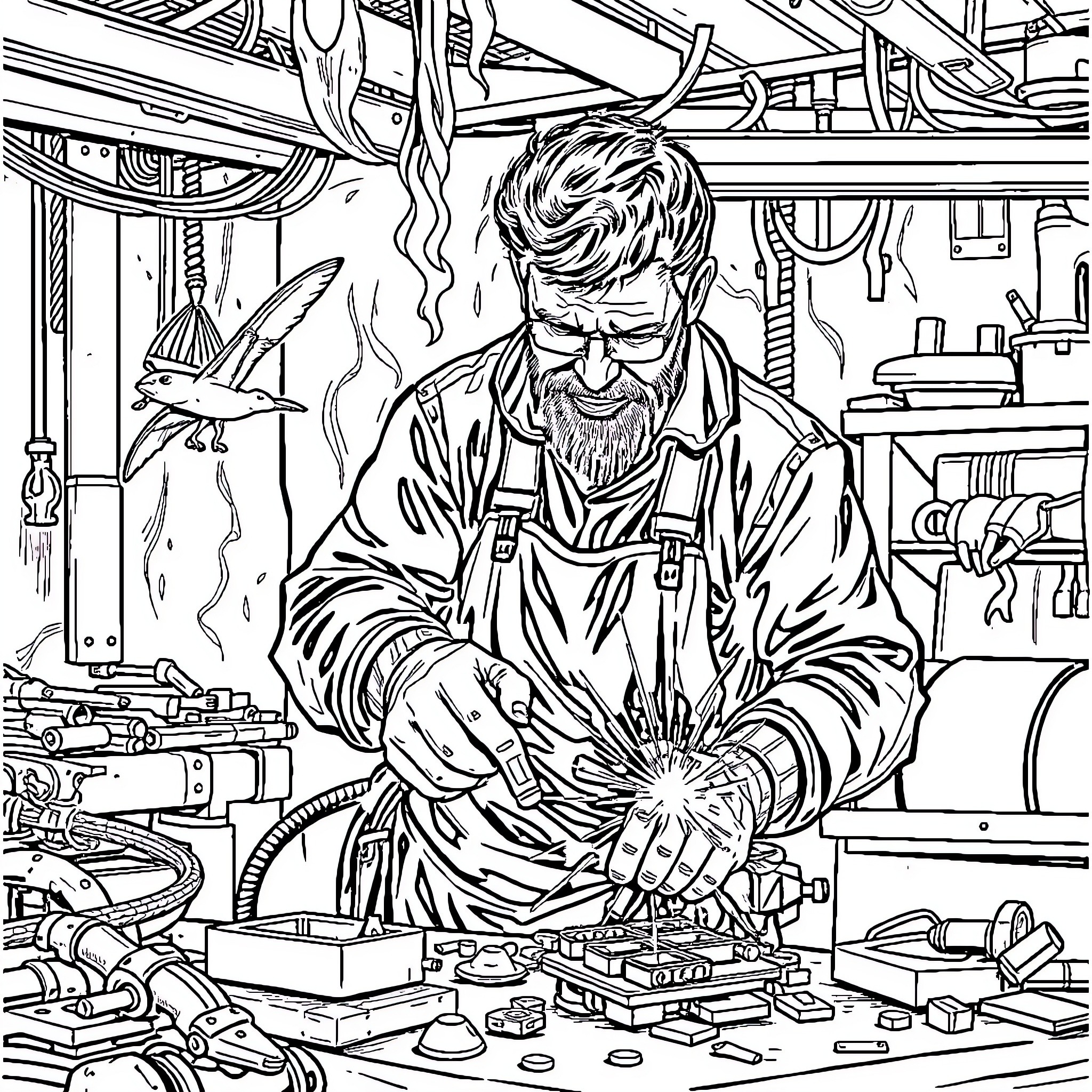 Welder Crafting with Focus in Workshop Coloring Page (free black-and-white line drawing printable PDF for all, from beginners to advanced learners, including children, teens, adults, and seniors)