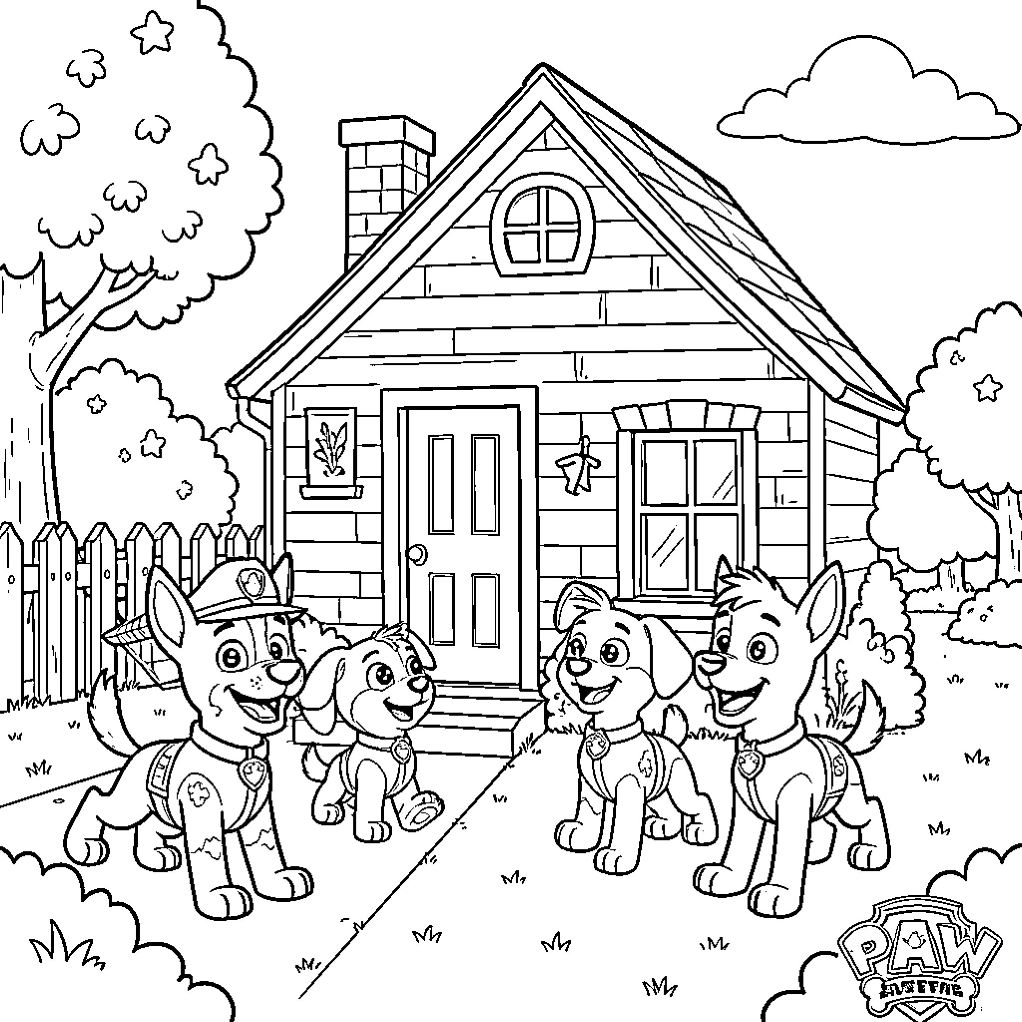 Paw Patrol pups smiling together in front of a house Coloring Page (free black-and-white line drawing printable PDF for all, from beginners to advanced learners, including children, teens, adults, and seniors)