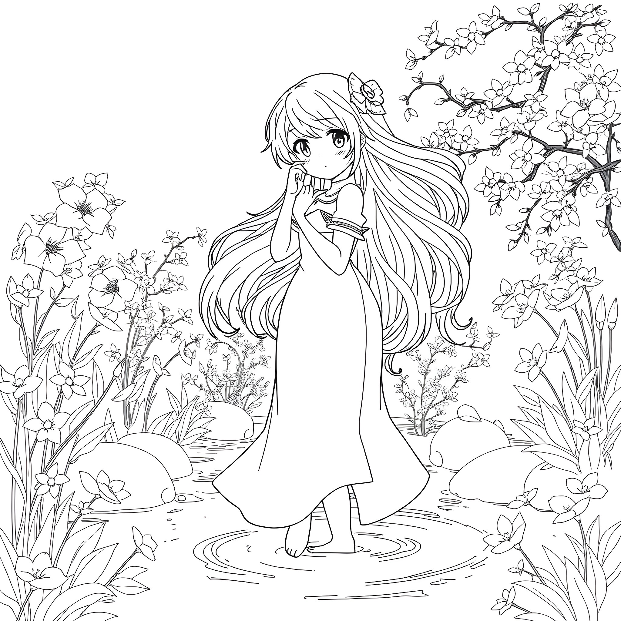 Anime Girl in Serene Floral Garden Coloring Page (free black-and-white line drawing printable PDF for all, from beginners to advanced learners, including children, teens, adults, and seniors)
