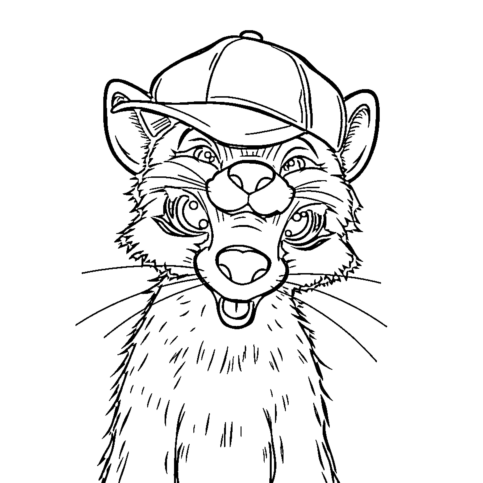 Weasel wearing a baseball cap and making a silly face Coloring Page (free black-and-white line drawing printable PDF for all, from beginners to advanced learners, including children, teens, adults, and seniors)
