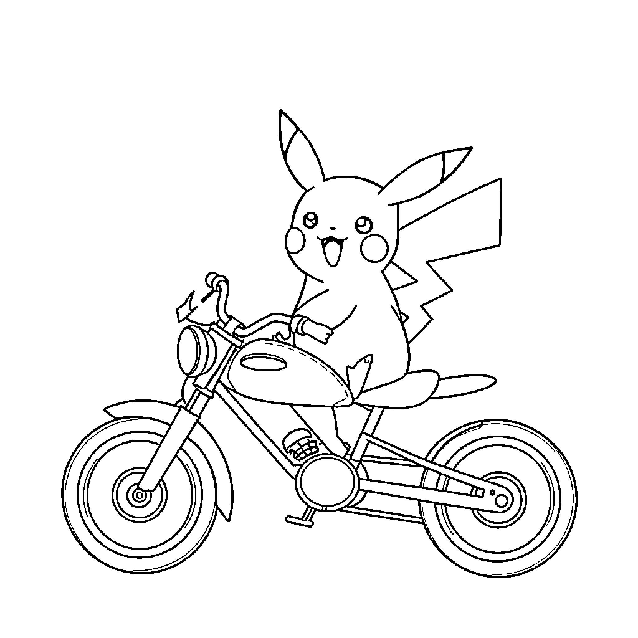 Pikachu riding a motorcycle happily Coloring Page (free black-and-white line drawing printable PDF for all, from beginners to advanced learners, including children, teens, adults, and seniors)