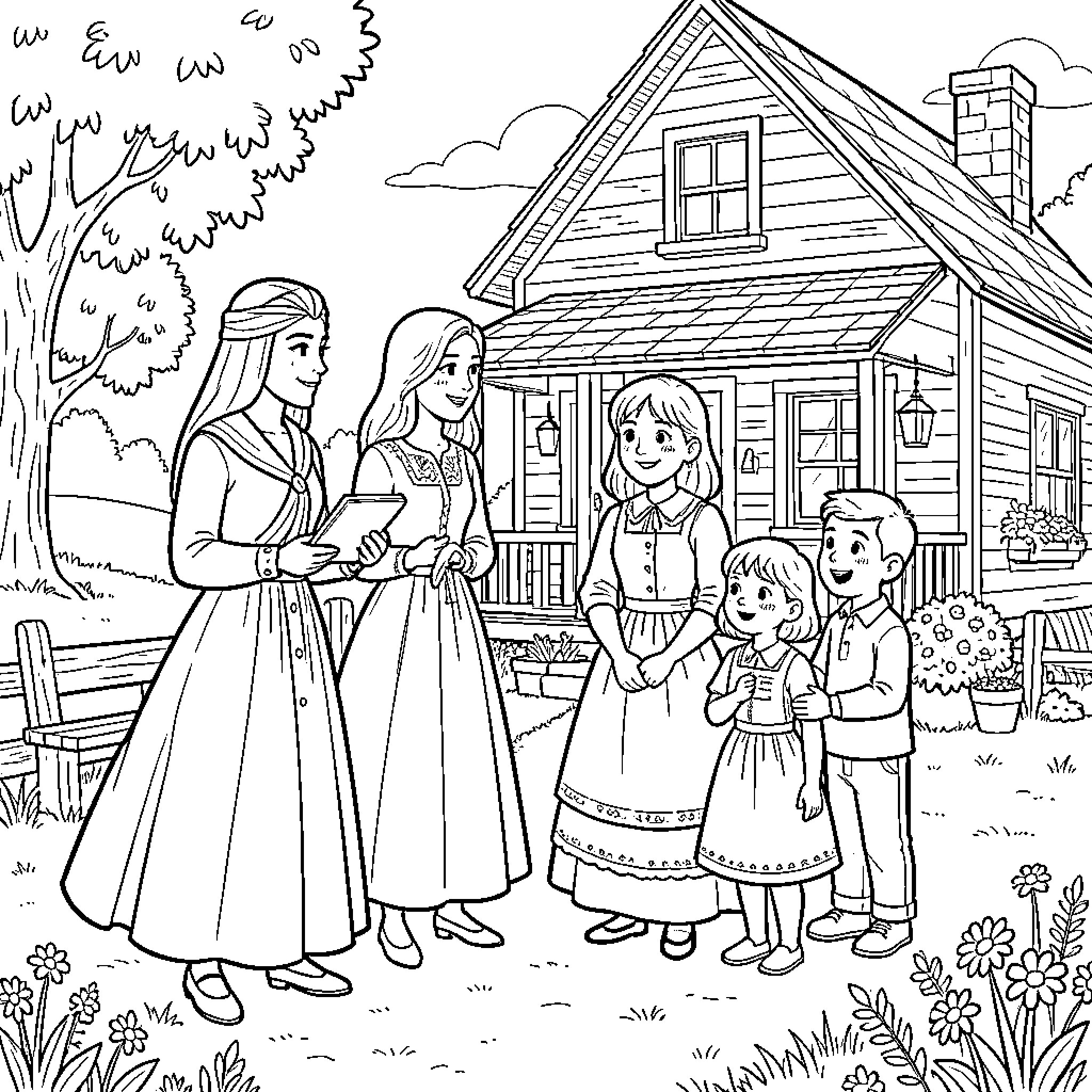 Padme and family in rural countryside Coloring Page (free black-and-white line drawing printable PDF for all, from beginners to advanced learners, including children, teens, adults, and seniors)